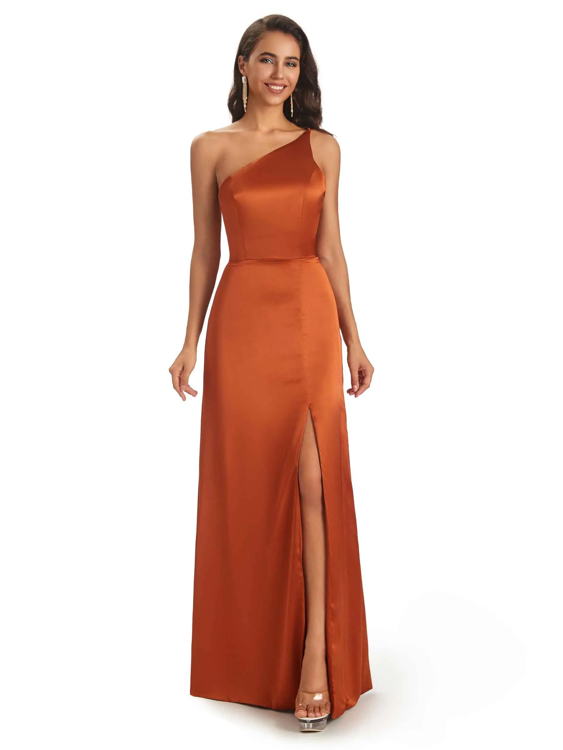 Simple Soft Satin Side Slit One Shoulder Long African Bridesmaid Dresses Online sold by ChicSew
