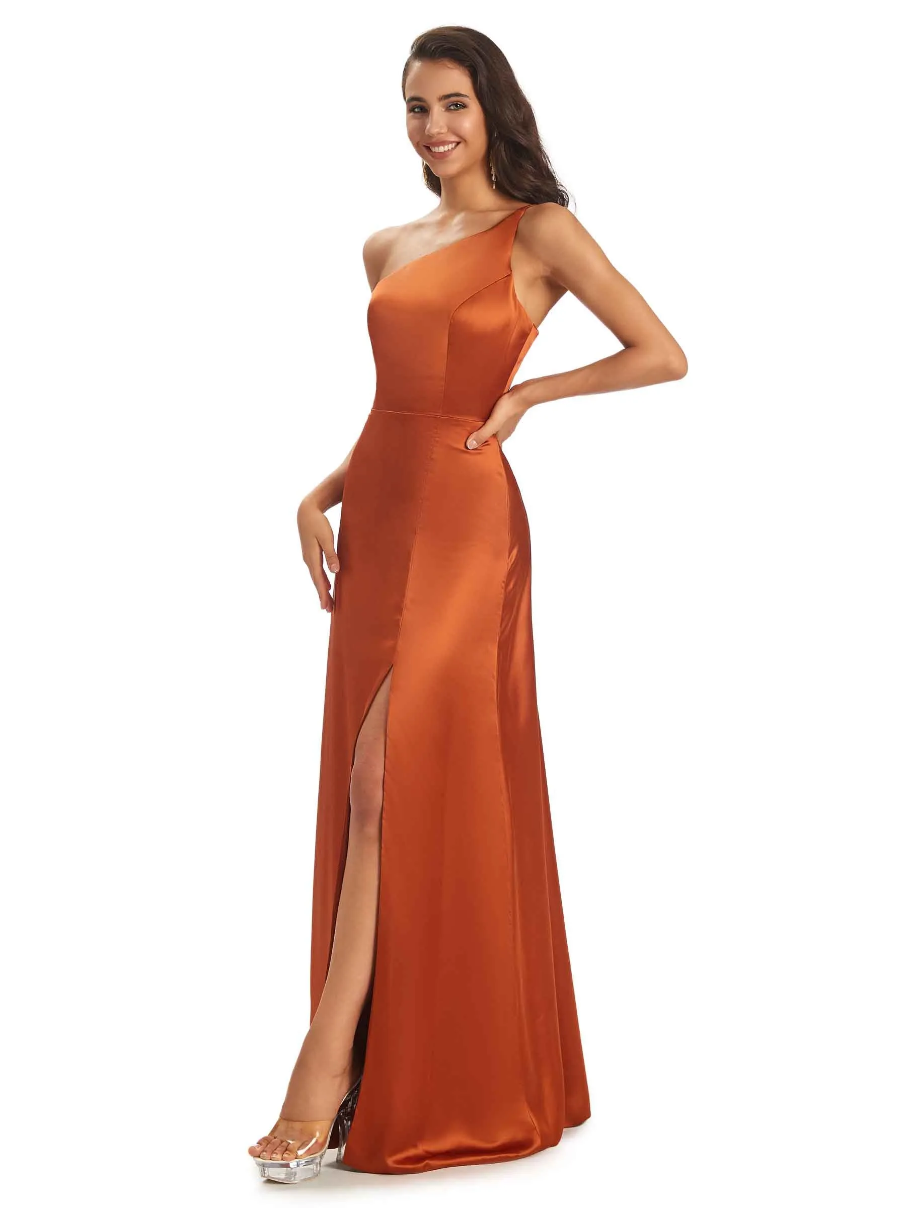 Simple Soft Satin Side Slit One Shoulder Long African Bridesmaid Dresses Online sold by ChicSew product image thumbnail 5
