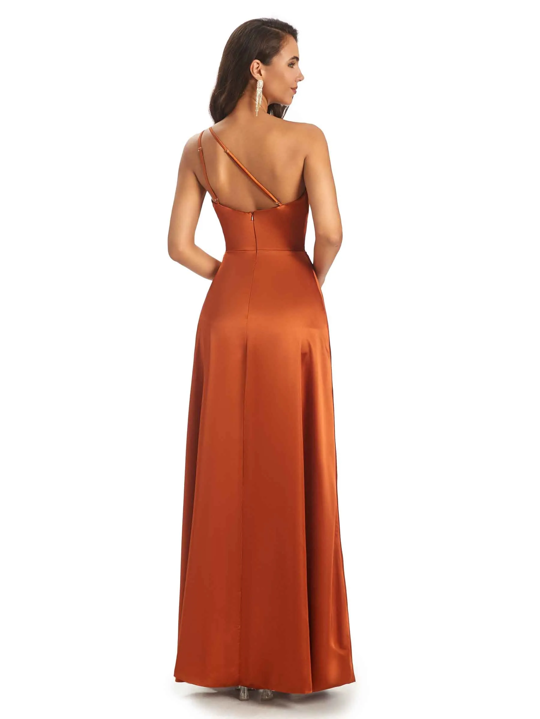 Simple Soft Satin Side Slit One Shoulder Long African Bridesmaid Dresses Online sold by ChicSew product image thumbnail 3