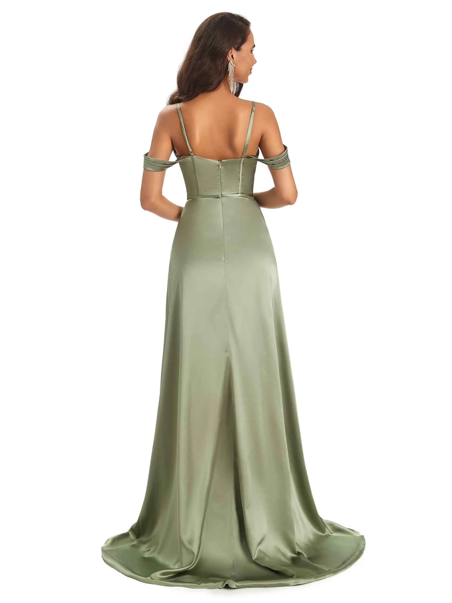 Stylish Soft Satin Side Slit Spaghetti Straps Cold Shoulder Bridesmaid Dresses Online sold by ChicSew product image thumbnail 3