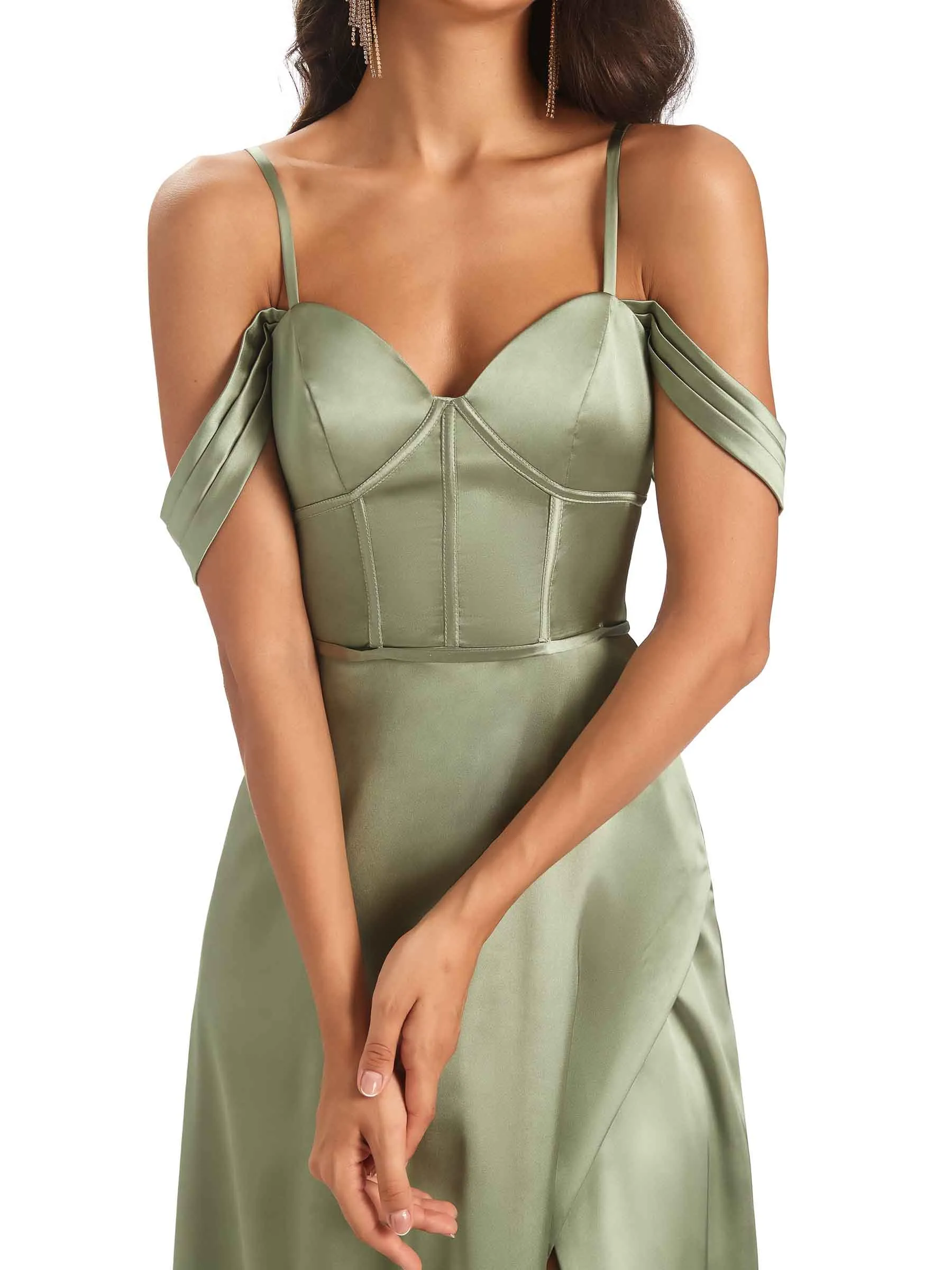 Stylish Soft Satin Side Slit Spaghetti Straps Cold Shoulder Bridesmaid Dresses Online sold by ChicSew product image thumbnail 2