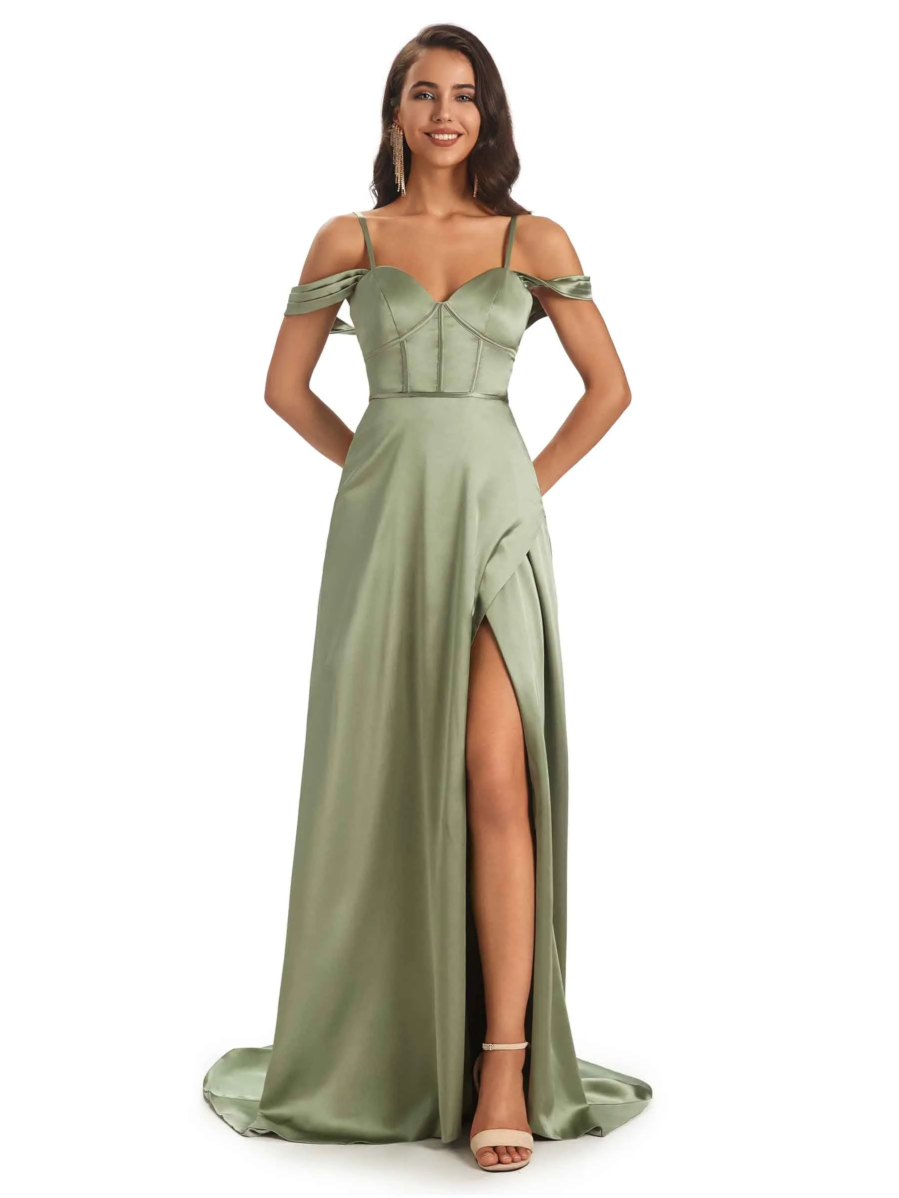 Stylish Soft Satin Side Slit Spaghetti Straps Cold Shoulder Bridesmaid Dresses Online sold by ChicSew