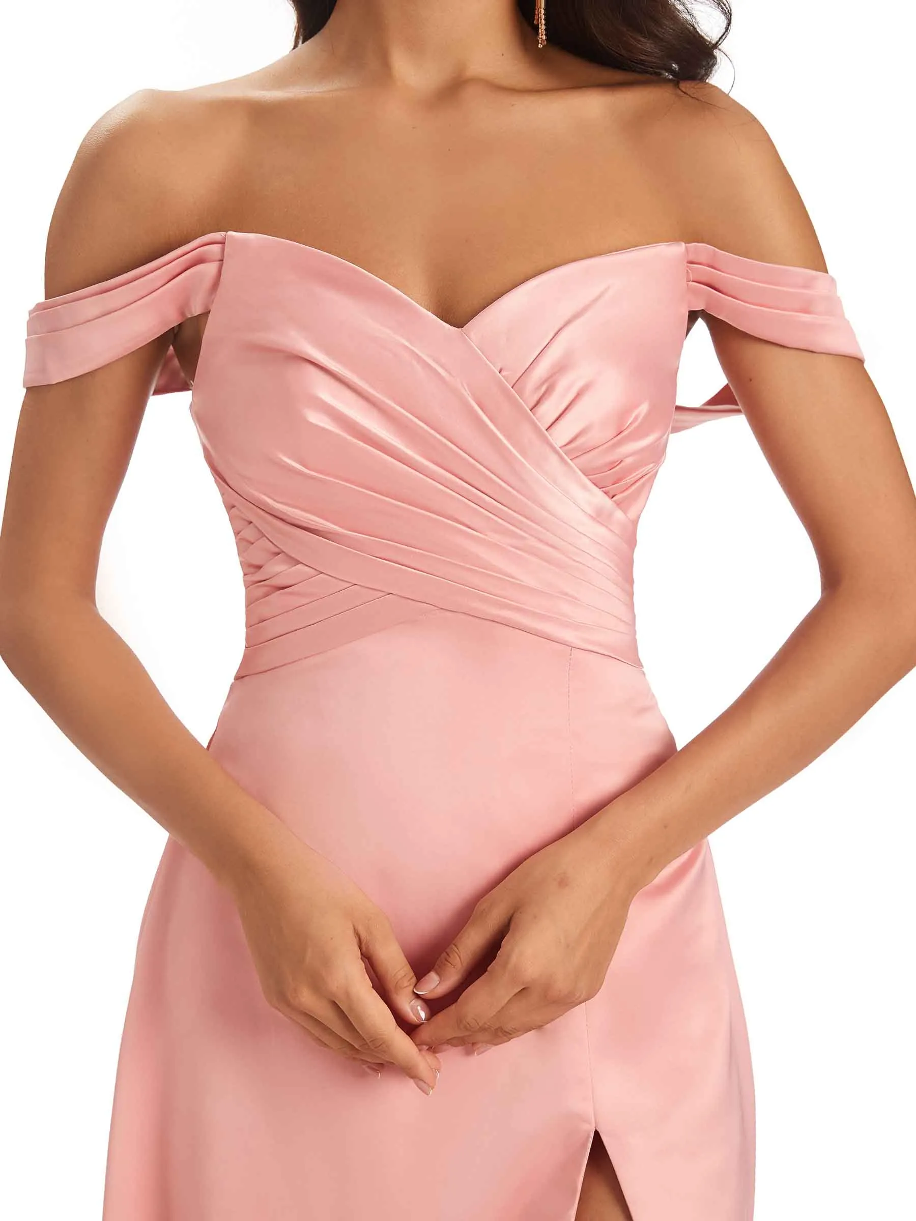 Sexy Side Slit Off The Shoulder Maxi Long Soft Satin Bridesmaid Dresses Online sold by ChicSew product image thumbnail 2