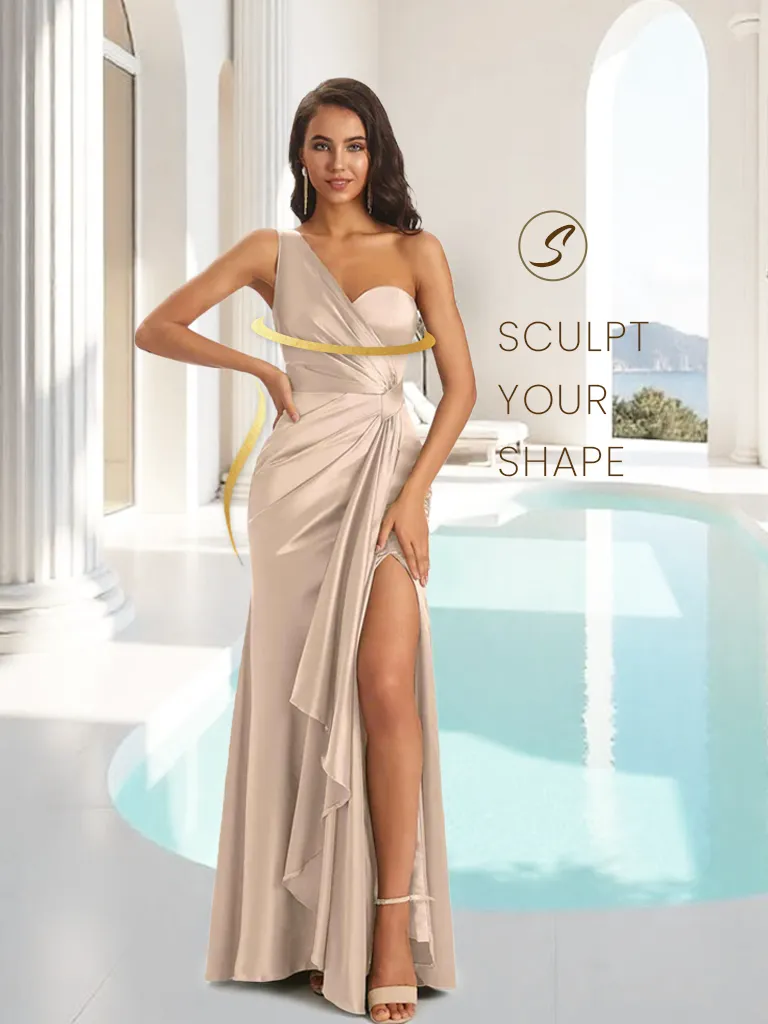 Elegant Soft Satin Side Slit One Shoulder Unique Mermaid Bridesmaid Dresses Online sold by ChicSew