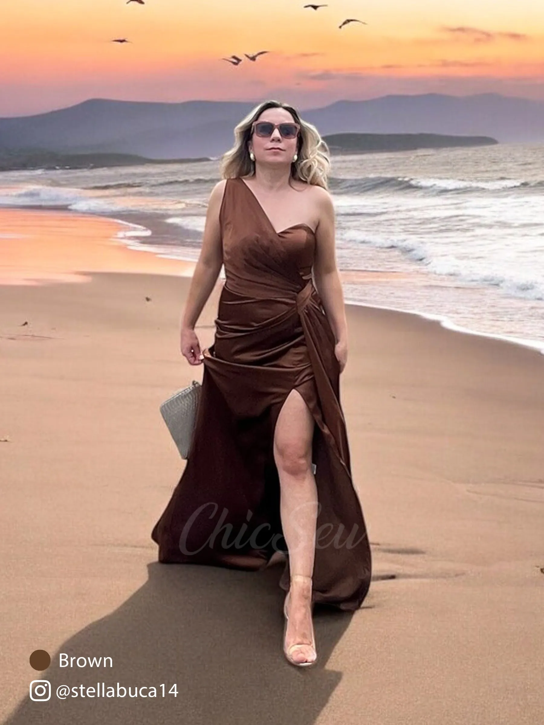 Elegant Soft Satin Side Slit One Shoulder Unique Mermaid Bridesmaid Dresses Online sold by ChicSew product image thumbnail 4