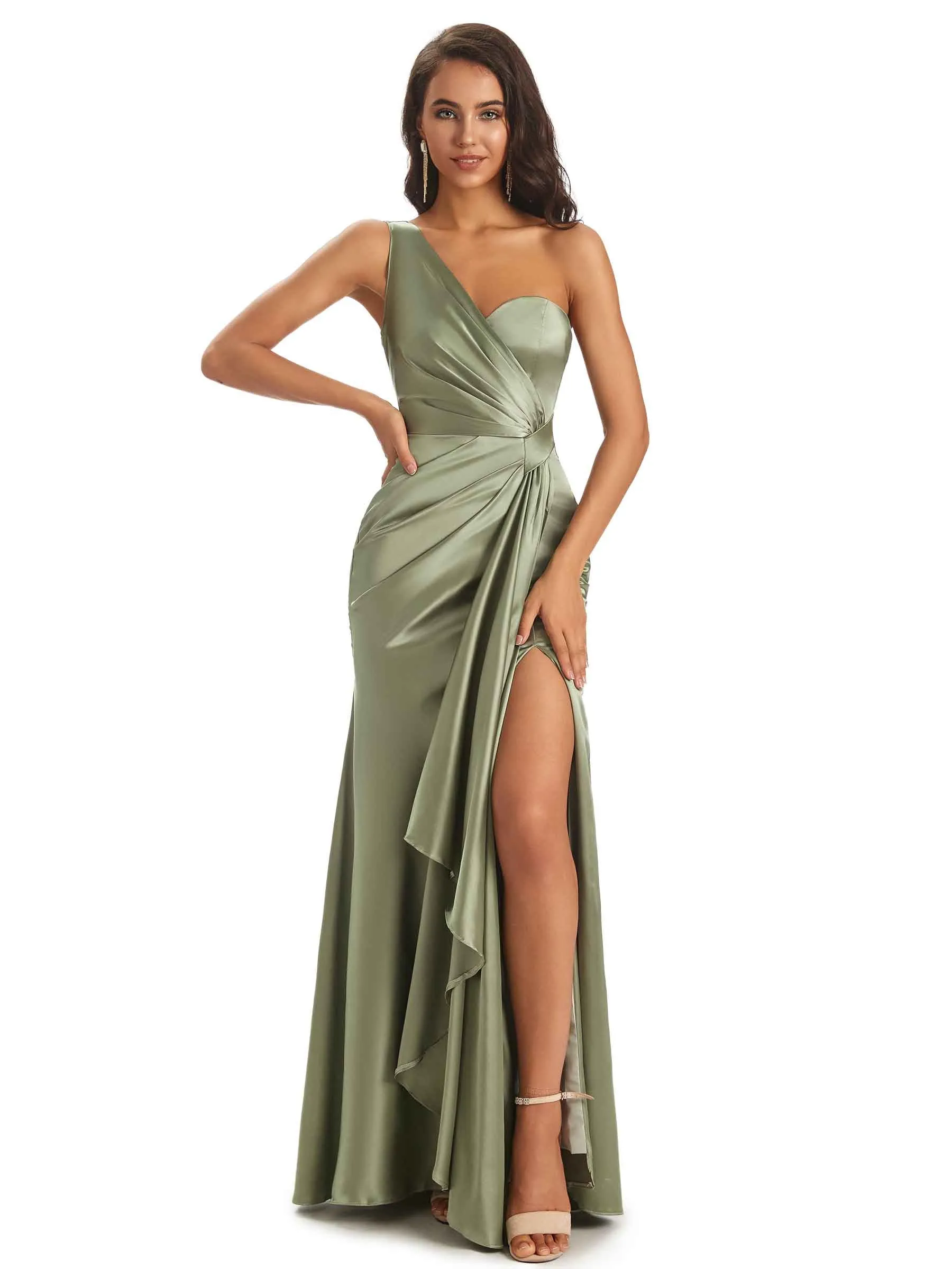 Elegant Soft Satin Side Slit One Shoulder Unique Mermaid Bridesmaid Dresses Online sold by ChicSew product image thumbnail 2