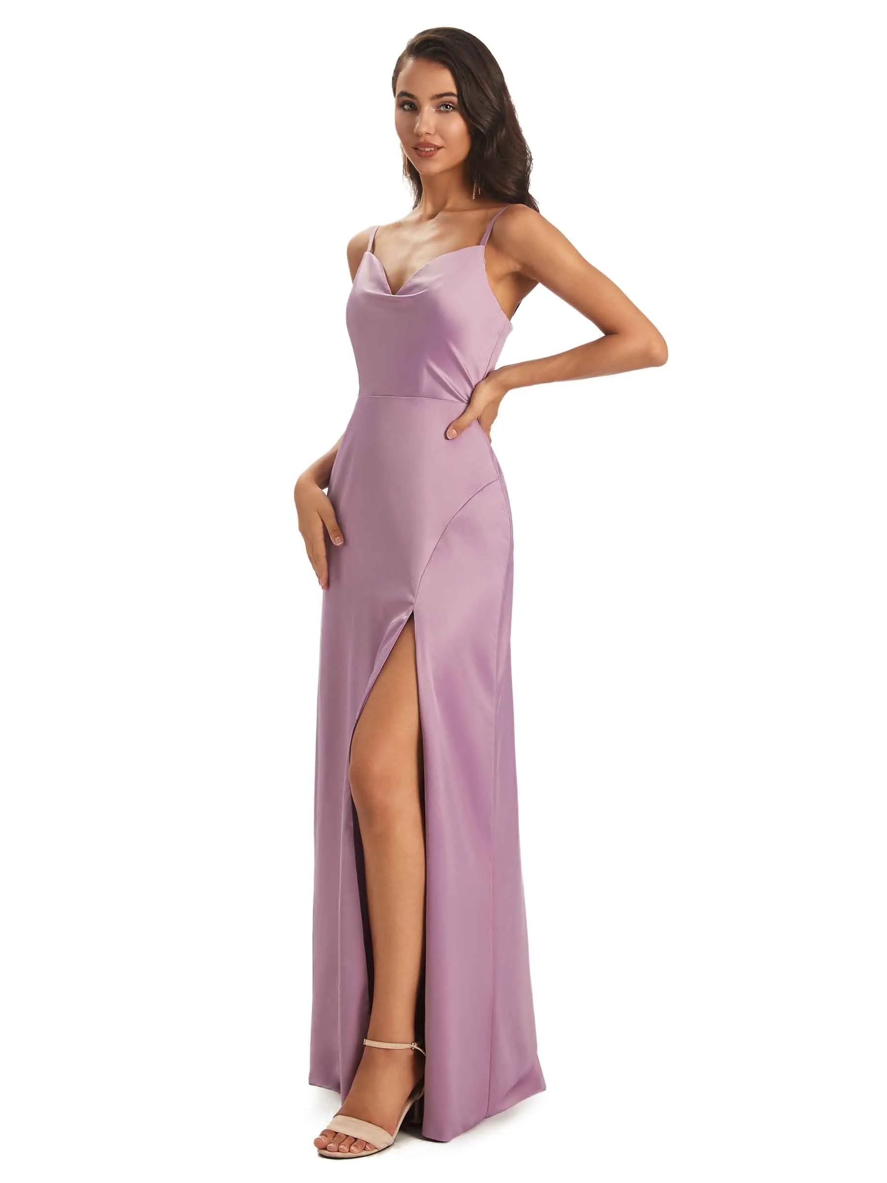 Sexy Soft Satin Side Slit Spaghetti straps Long Mermaid Bridesmaid Dresses sold by ChicSew product image thumbnail 4