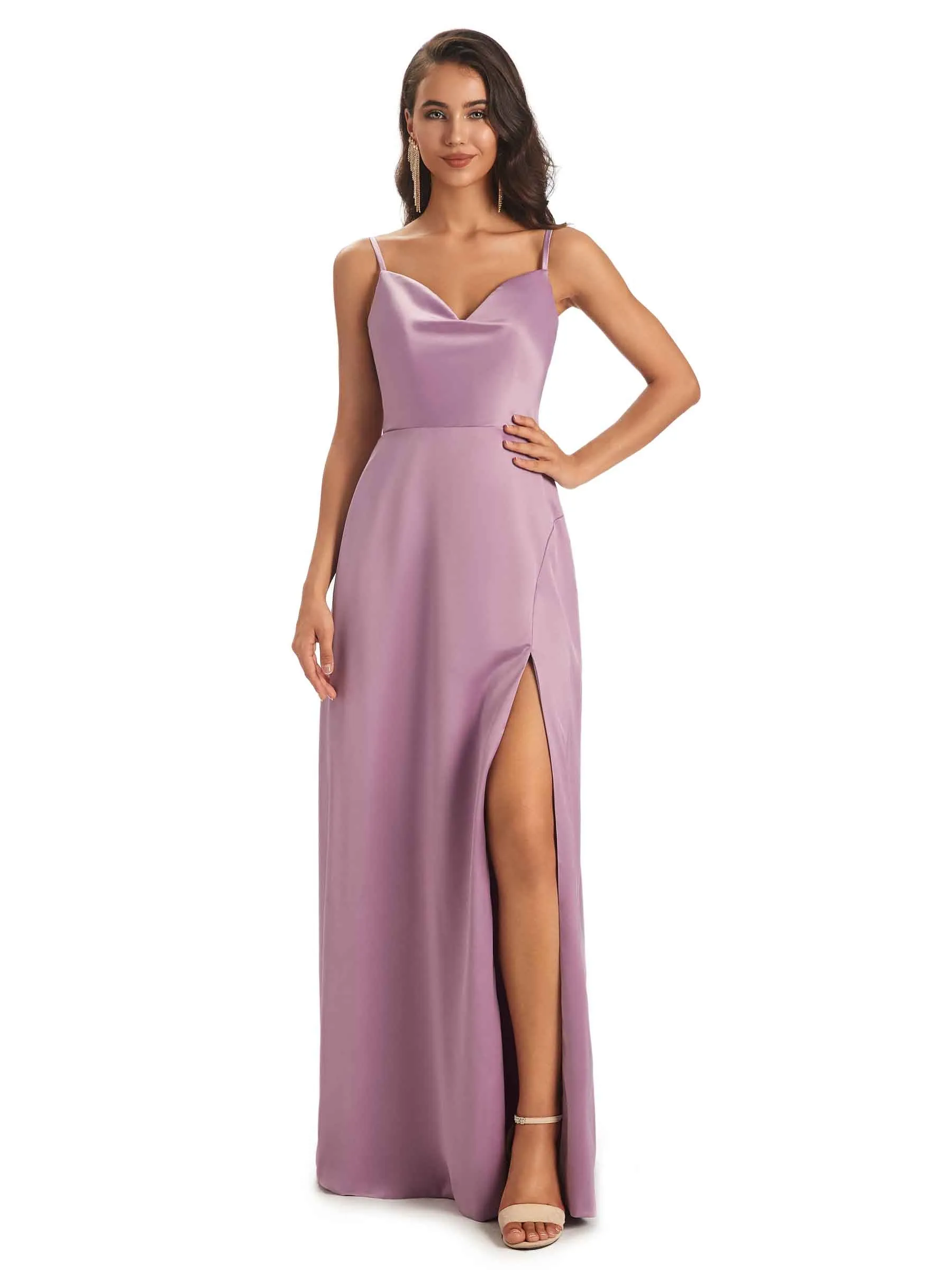 Sexy Soft Satin Side Slit Spaghetti straps Long Mermaid Bridesmaid Dresses sold by ChicSew