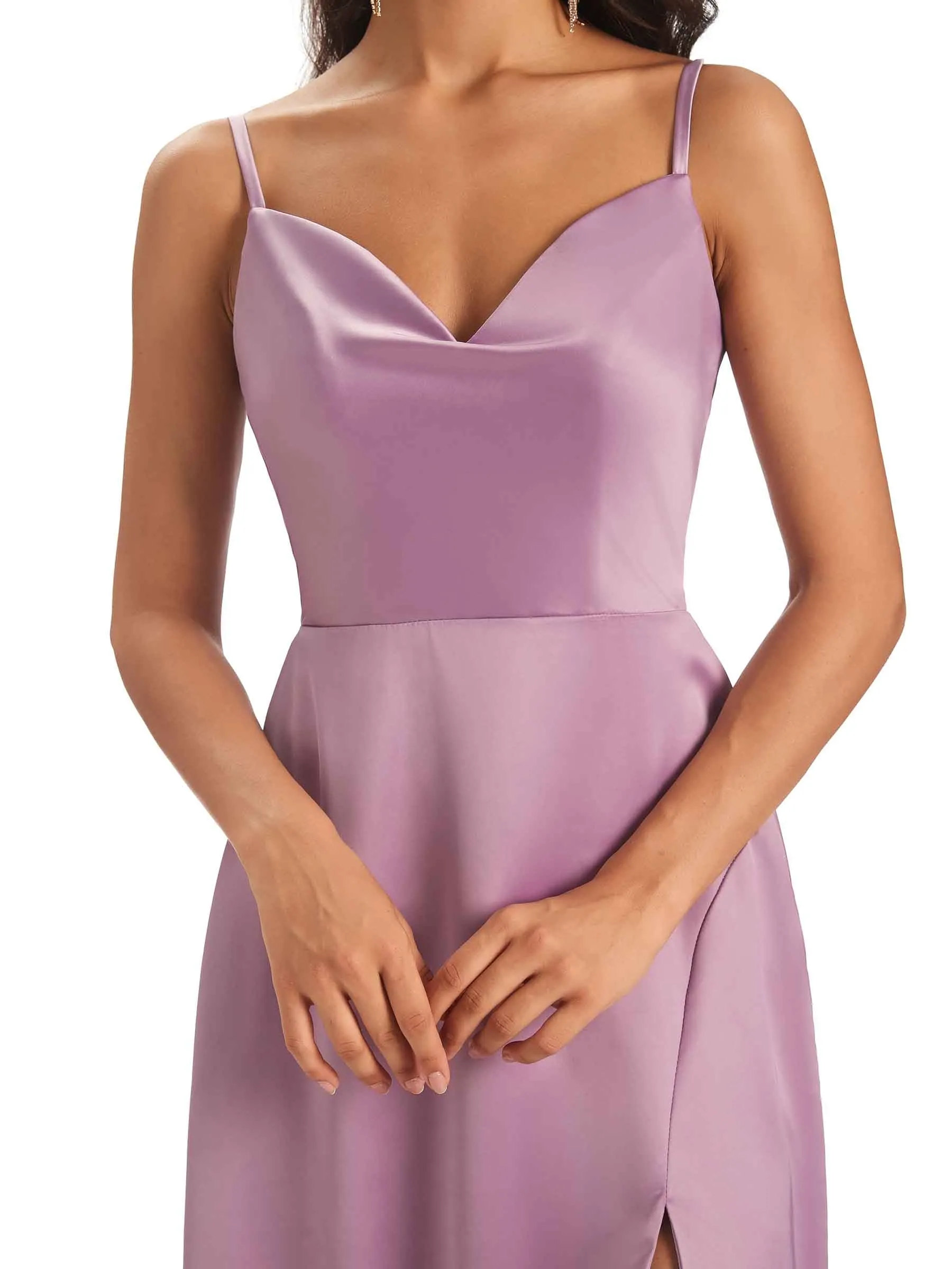 Sexy Soft Satin Side Slit Spaghetti straps Long Mermaid Bridesmaid Dresses sold by ChicSew product image thumbnail 2