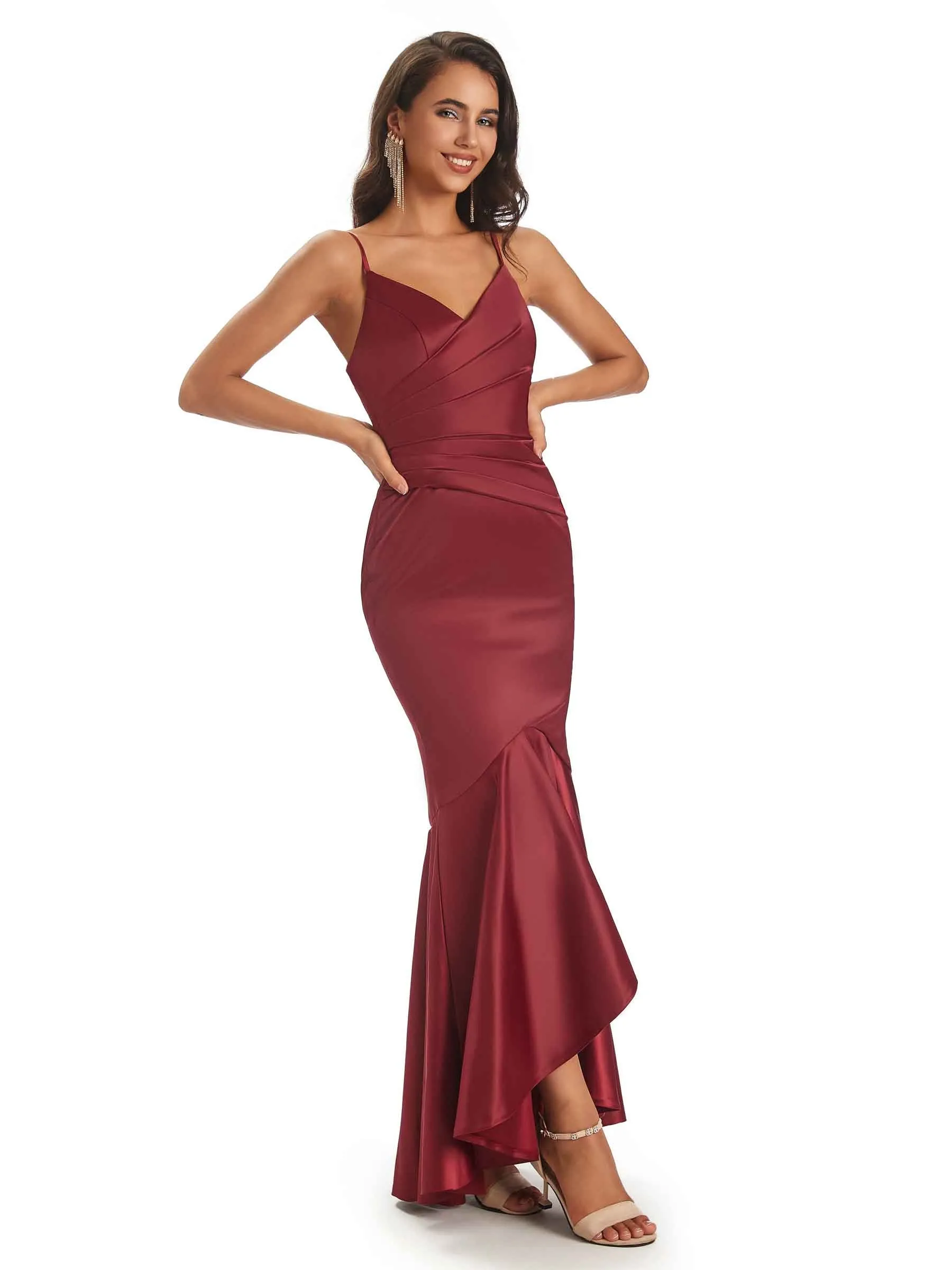 Spaghetti Straps V-Neck Soft Satin Asymmetrical High Low Bridesmaid Dresses Online sold by ChicSew product image thumbnail 4
