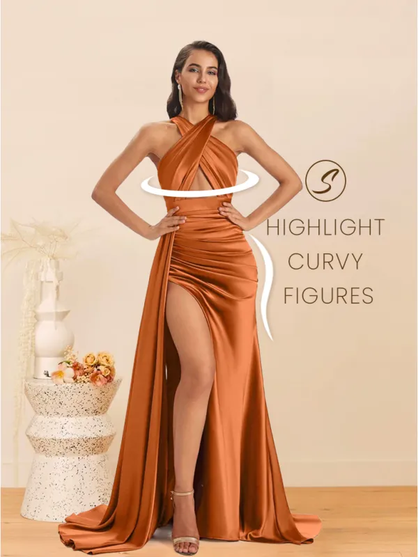 Sexy Soft Satin Halter Side Slit Floor-Length Maxi Mermaid Bridesmaid Dresses Online sold by ChicSew