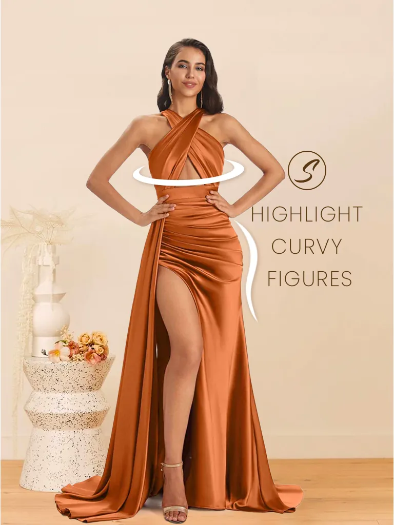 Sexy Soft Satin Halter Side Slit Floor-Length Maxi Mermaid Bridesmaid Dresses Online sold by ChicSew