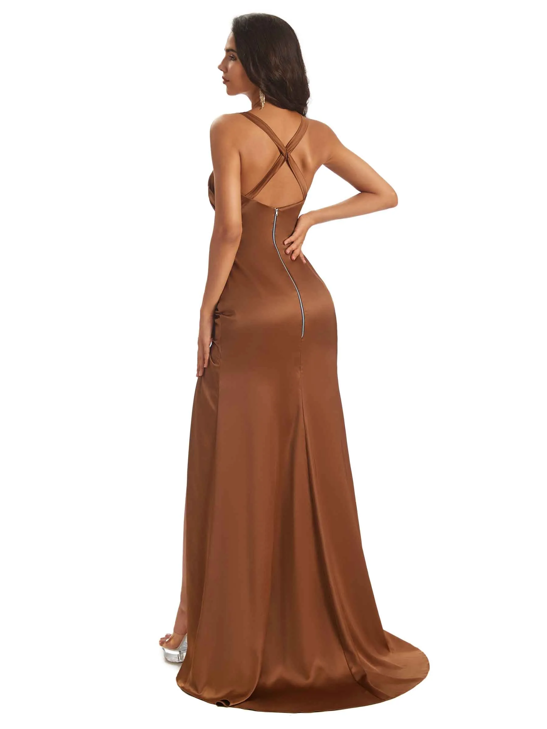 Soft Satin Straps Side Slit Cross Back Unique Mermaid Bridesmaid Dresses Online sold by ChicSew product image thumbnail 5