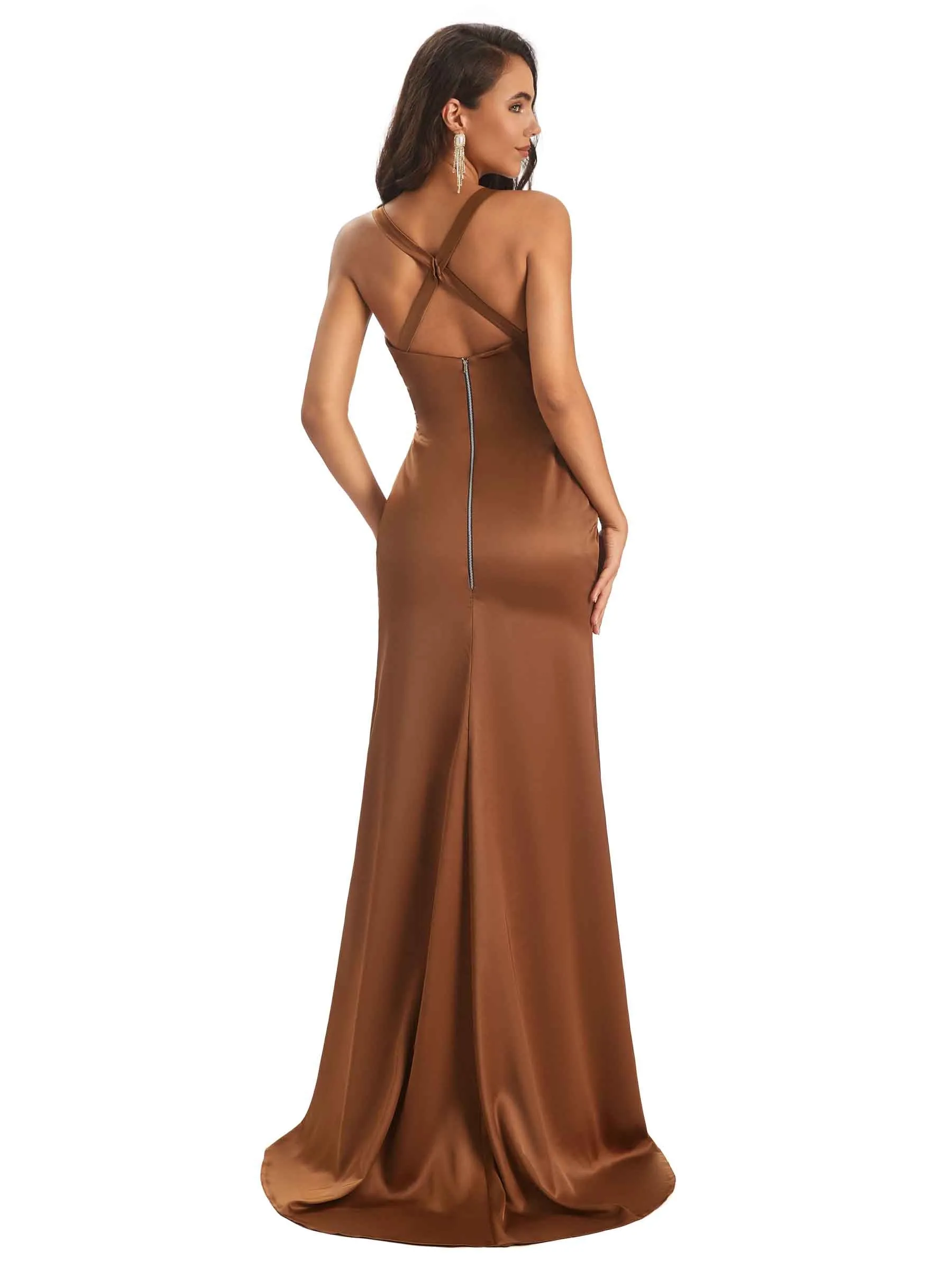 Soft Satin Straps Side Slit Cross Back Unique Mermaid Bridesmaid Dresses Online sold by ChicSew product image thumbnail 3