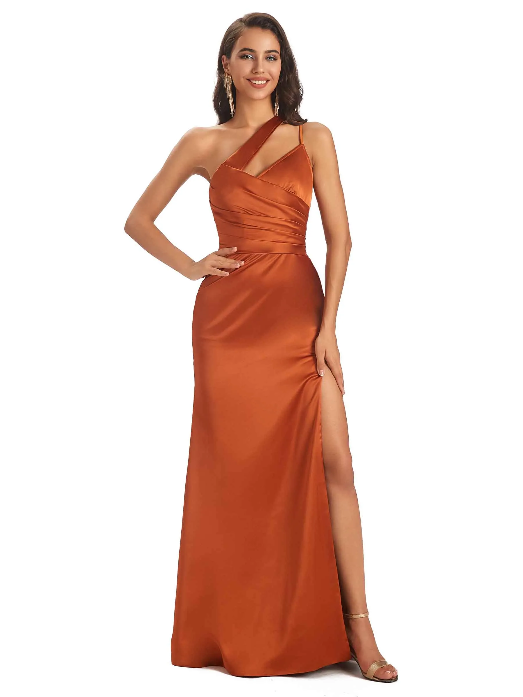Elegant Soft Satin Side Slit One Shoulder Floor-Length Maxi Bridesmaid Dresses Online sold by ChicSew product image thumbnail 4