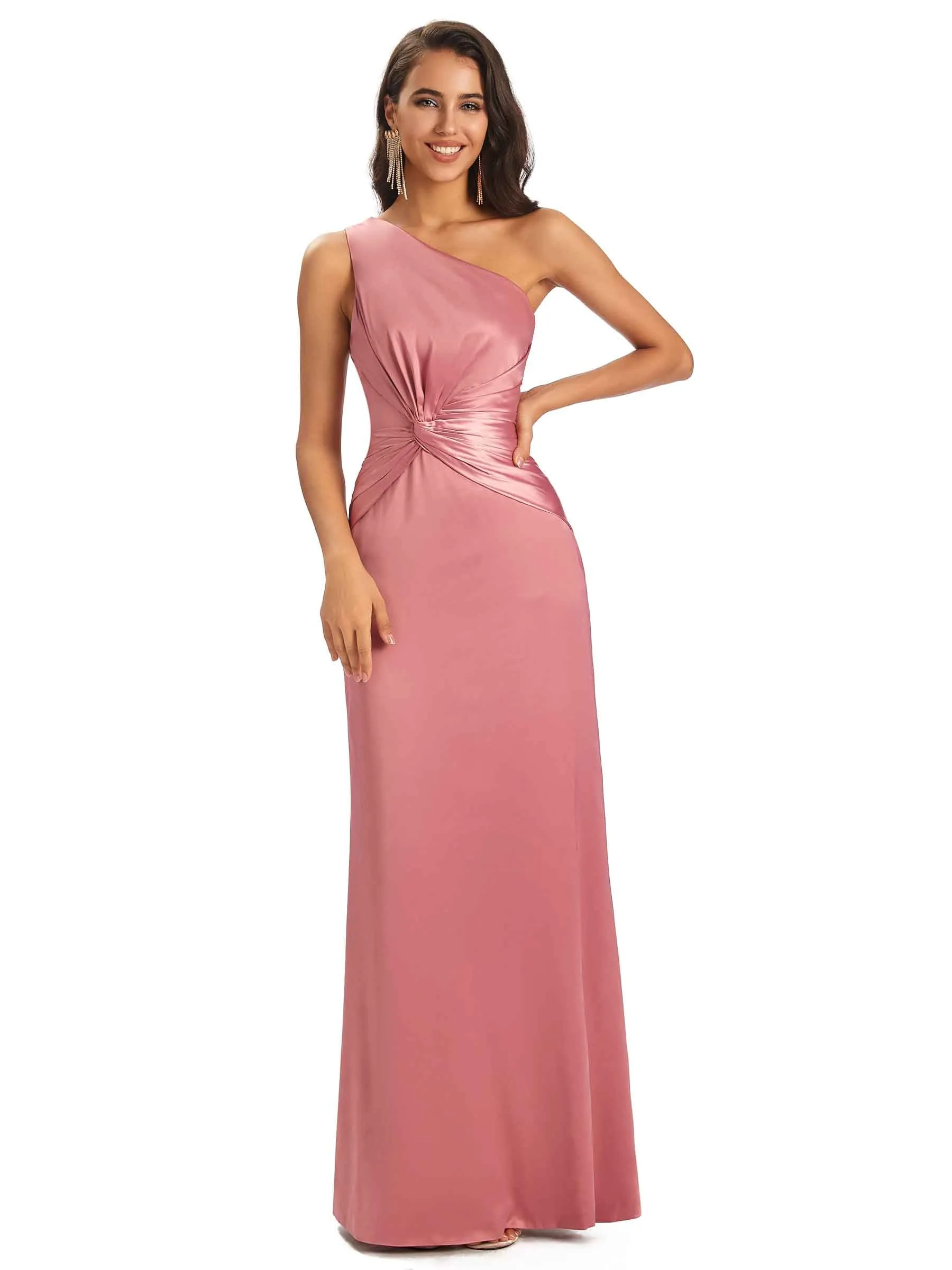 Modern Side Slit One Shoulder Soft Satin Sheath UniqueBridesmaid Dresses Gown sold by ChicSew
