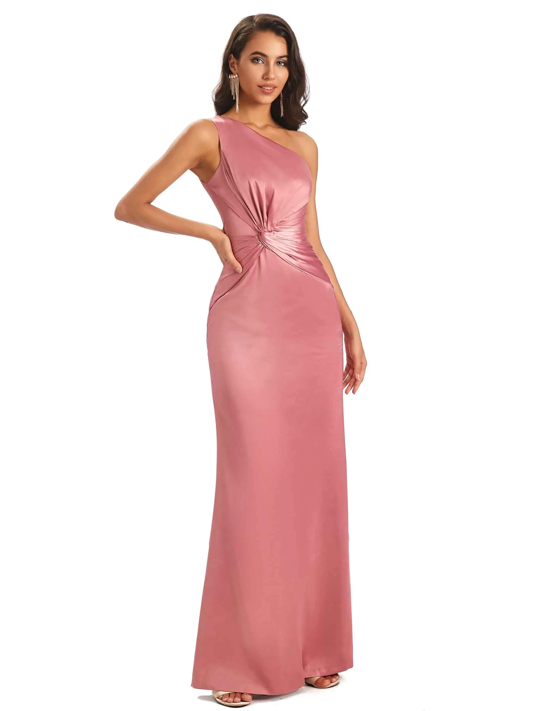 Modern Side Slit One Shoulder Soft Satin Sheath UniqueBridesmaid Dresses Gown sold by ChicSew product image thumbnail 5