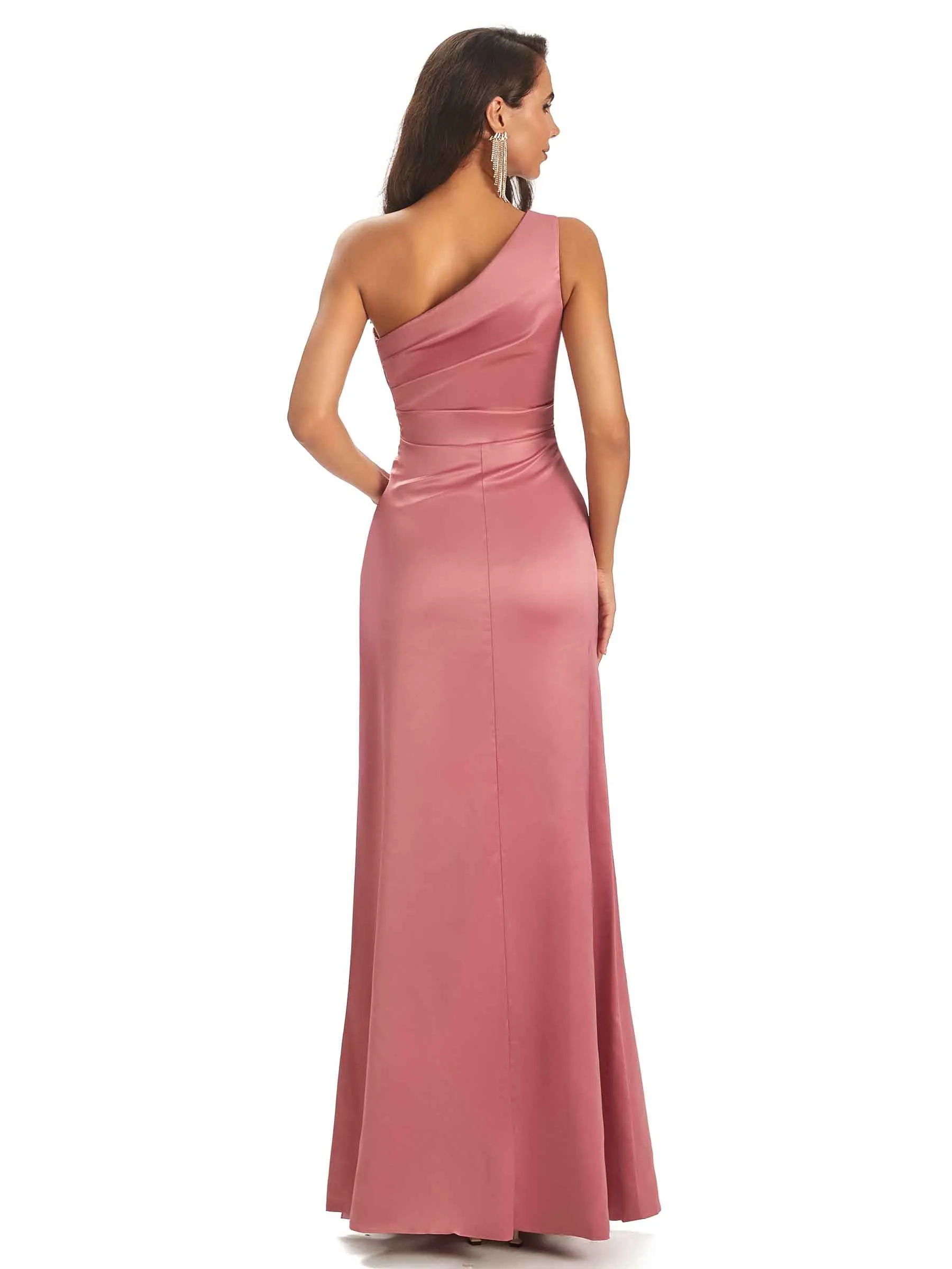 Modern Side Slit One Shoulder Soft Satin Sheath UniqueBridesmaid Dresses Gown sold by ChicSew product image thumbnail 3