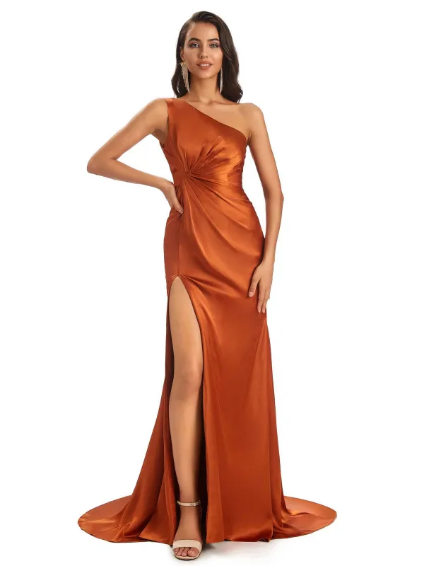 Sexy Soft Satin One Shoulder Side-Slit Floor-Length Mermaid Bridesmaid Dresses sold by ChicSew