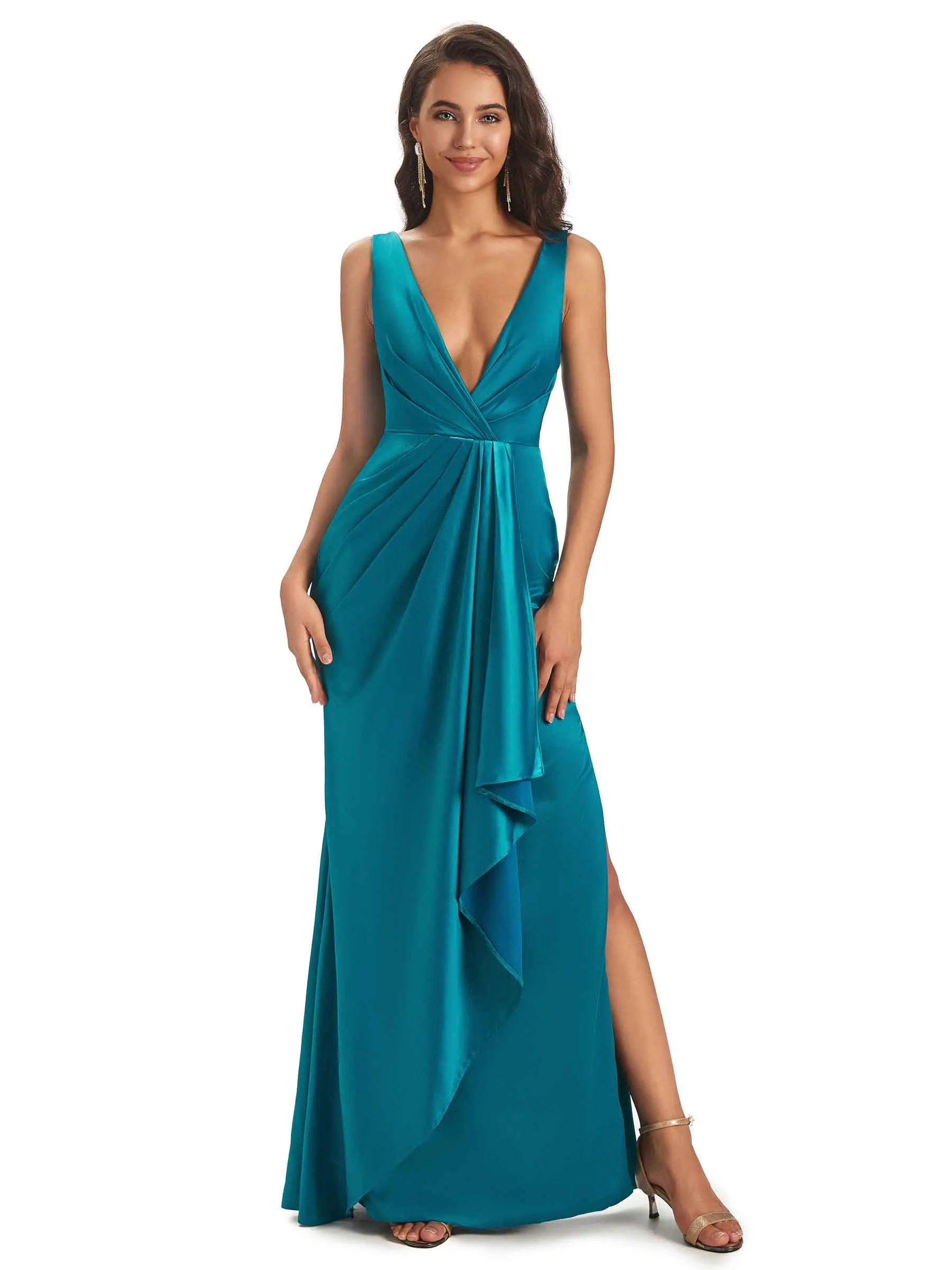 Sexy Soft Satin Side Slit V-neck Floor-Length Long Bridesmaid Dresses Online sold by ChicSew