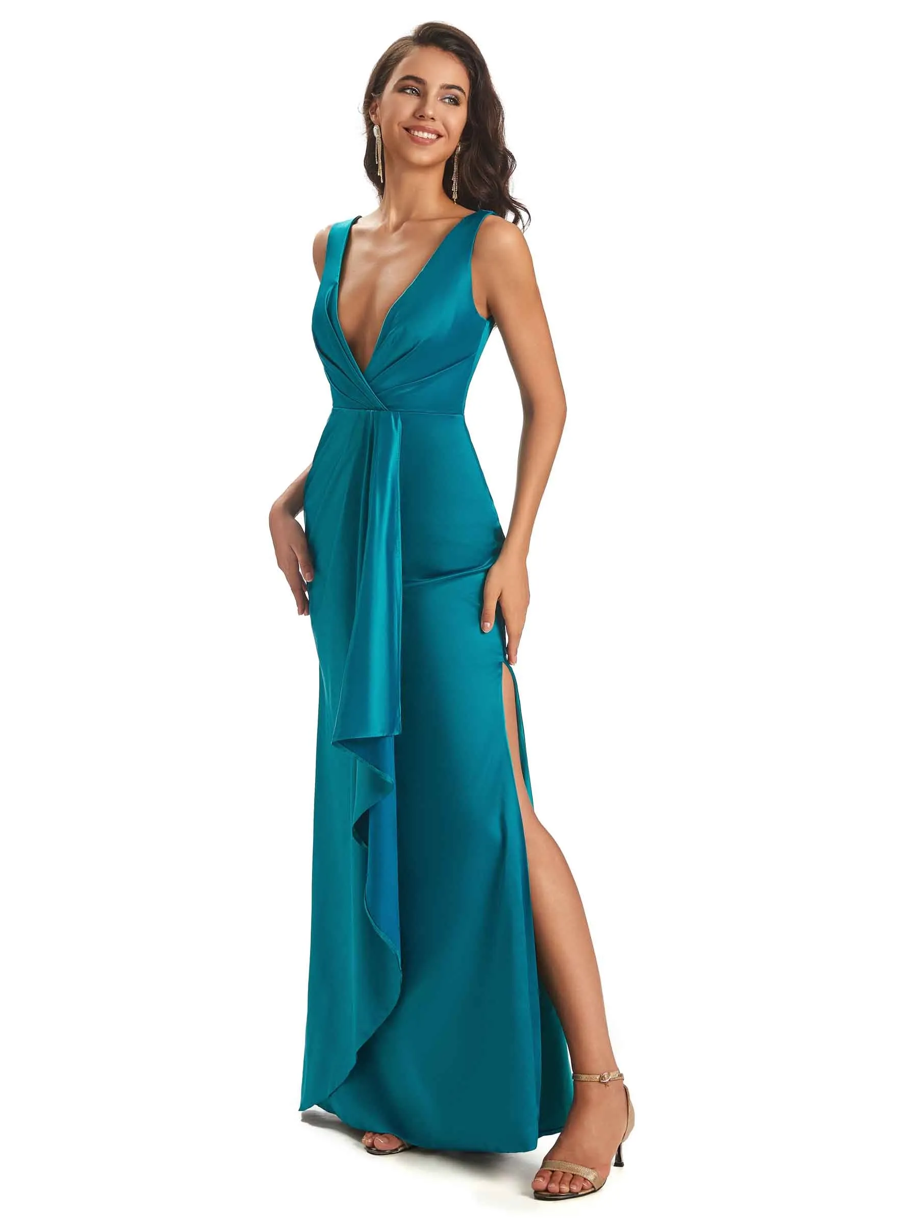 Sexy Soft Satin Side Slit V-neck Floor-Length Long Bridesmaid Dresses Online sold by ChicSew product image thumbnail 5