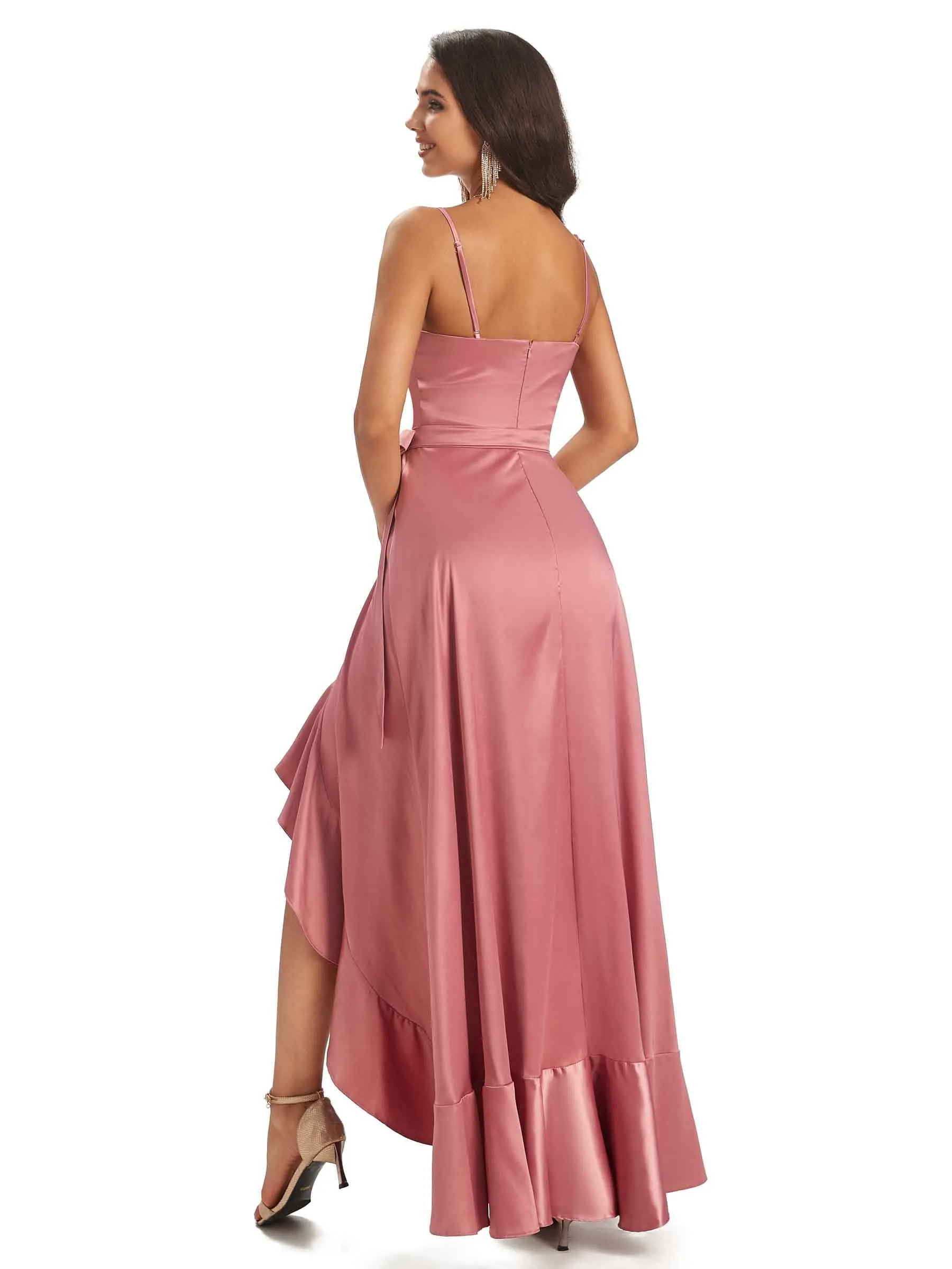 Elegant Spaghetti Straps Asymetric A-line Soft Satin Wrap V-neck High Low Bridesmaid Dresses sold by ChicSew product image thumbnail 3