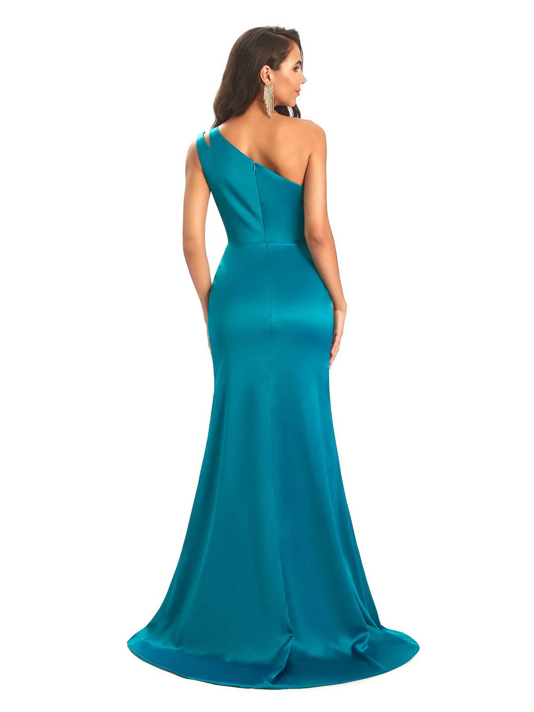 Sexy Soft Satin Side Slit One Shoulder Long Mermaid Bridesmaid Dresses Online sold by ChicSew product image thumbnail 3