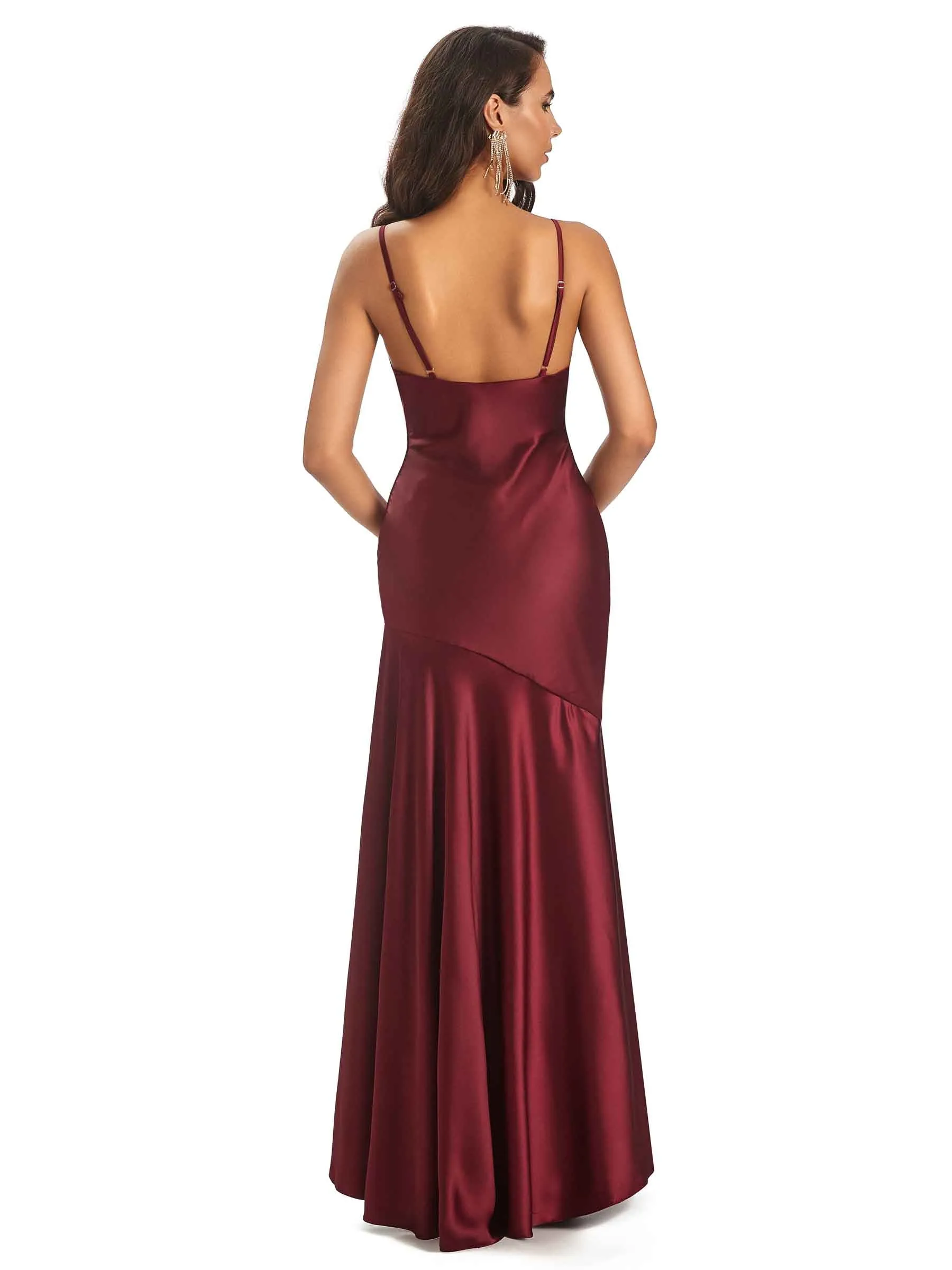 Spaghetti Straps Asymetric Sheath Soft Satin Side Slit HIgh Low Bridesmaid Dresses sold by ChicSew product image thumbnail 3