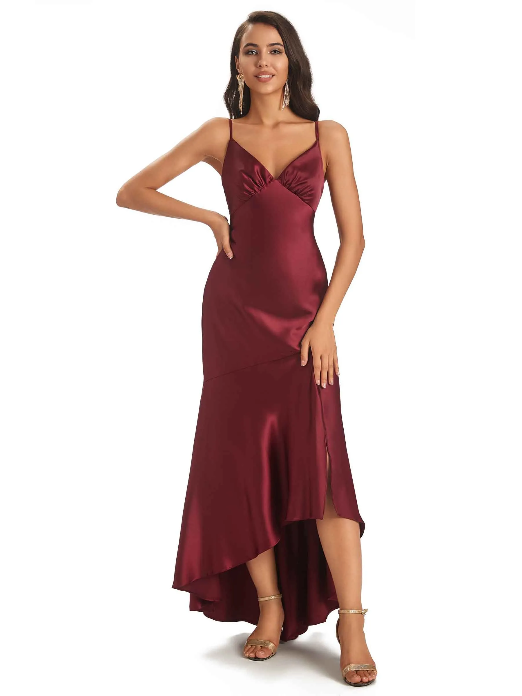 Spaghetti Straps Asymetric Sheath Soft Satin Side Slit HIgh Low Bridesmaid Dresses sold by ChicSew