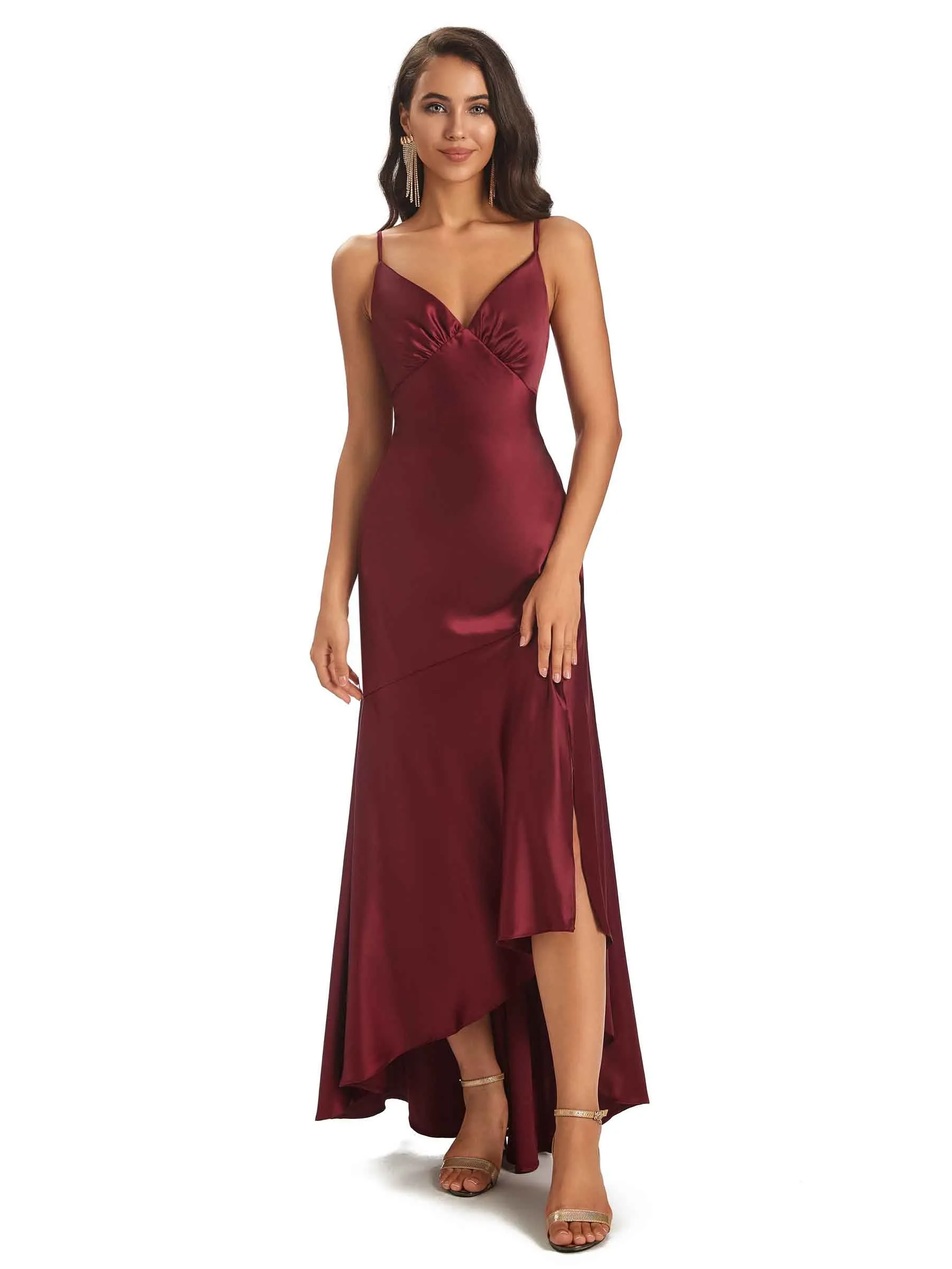 Spaghetti Straps Asymetric Sheath Soft Satin Side Slit HIgh Low Bridesmaid Dresses sold by ChicSew product image thumbnail 5