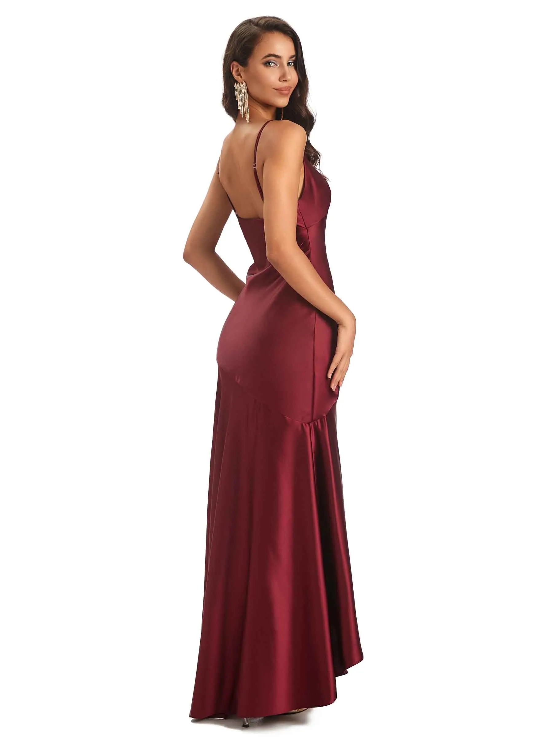 Spaghetti Straps Asymetric Sheath Soft Satin Side Slit HIgh Low Bridesmaid Dresses sold by ChicSew product image thumbnail 4