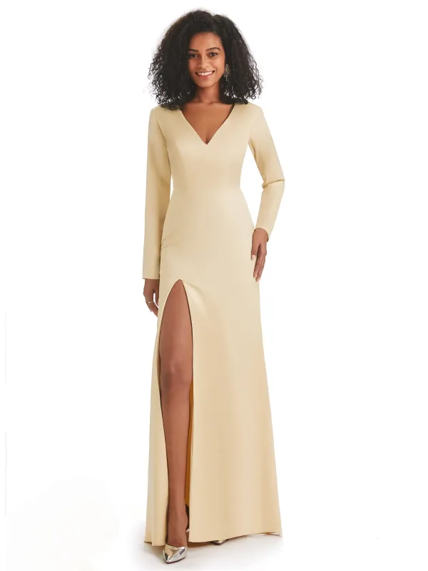Soft Satin Side Slit Long Sleeves V-neck Long African Mermaid Bridesmaid Dresses sold by ChicSew