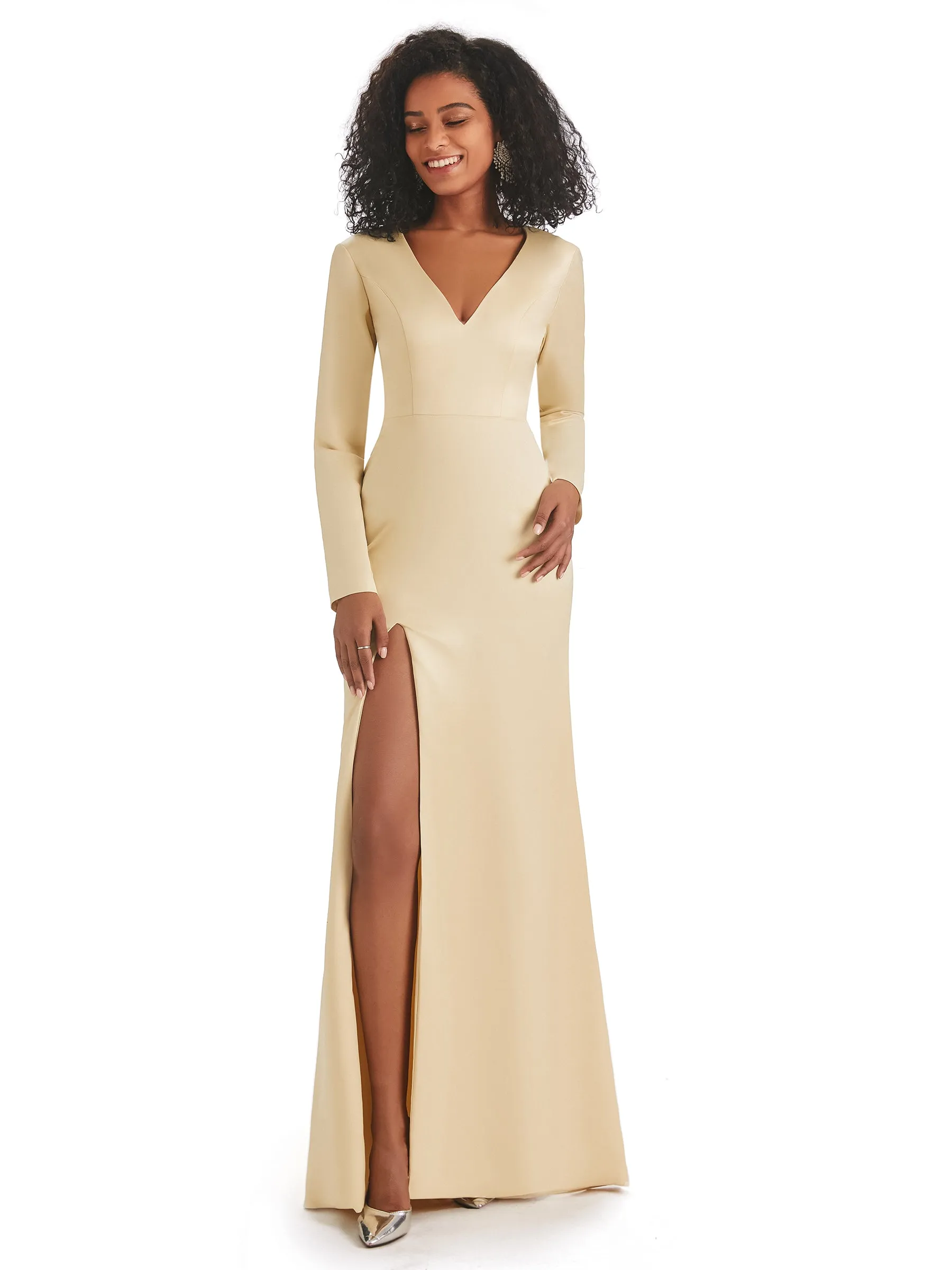 Soft Satin Side Slit Long Sleeves V-neck Long African Mermaid Bridesmaid Dresses sold by ChicSew product image thumbnail 5