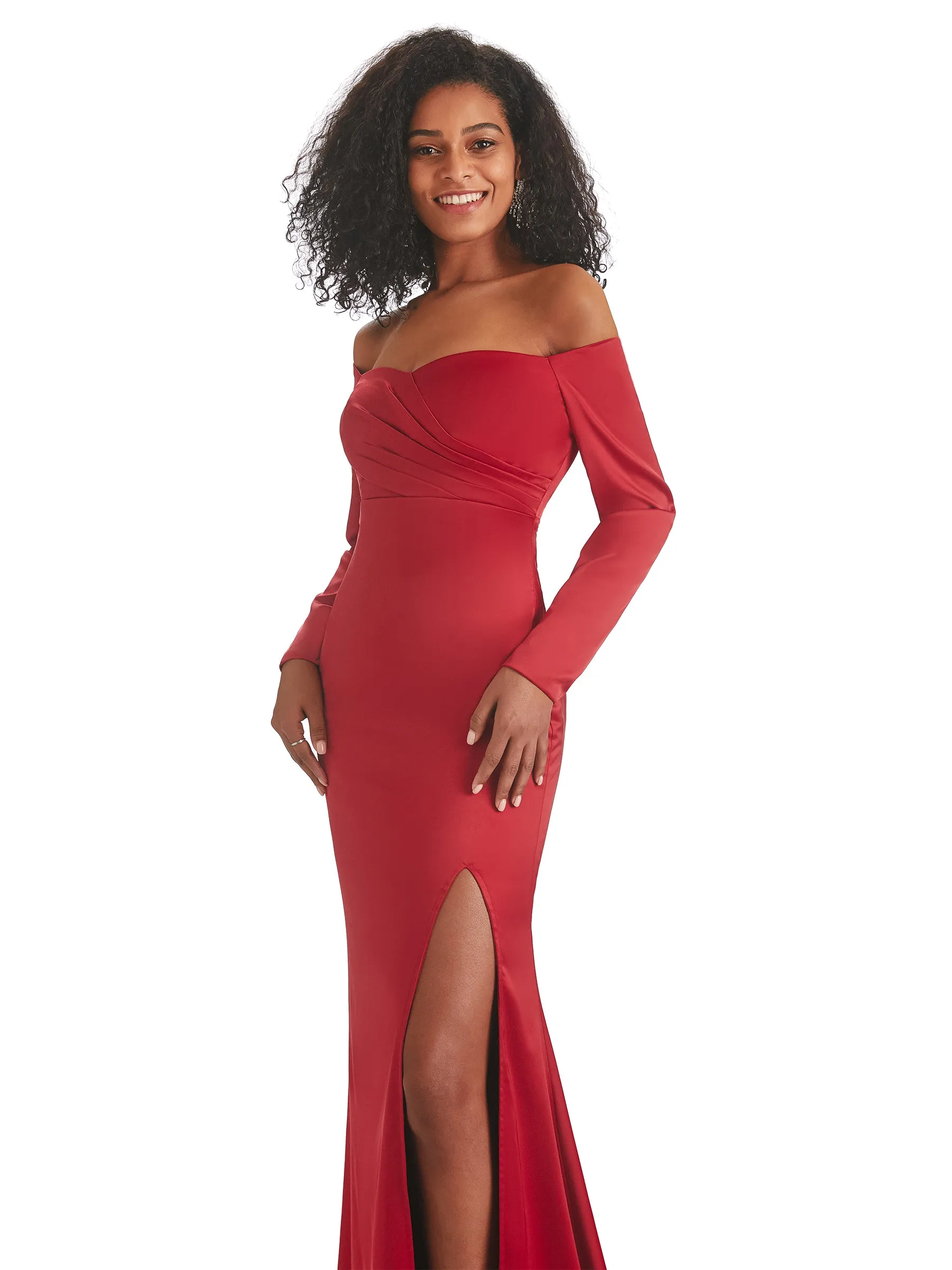 Sexy Mermaid Side Slit Off The Shoulder Long Sleeve Soft Satin Long Bridesmaid Dresses sold by ChicSew product image thumbnail 2