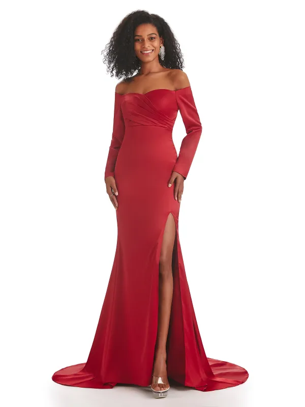 Sexy Mermaid Side Slit Off The Shoulder Long Sleeve Soft Satin Long Bridesmaid Dresses sold by ChicSew