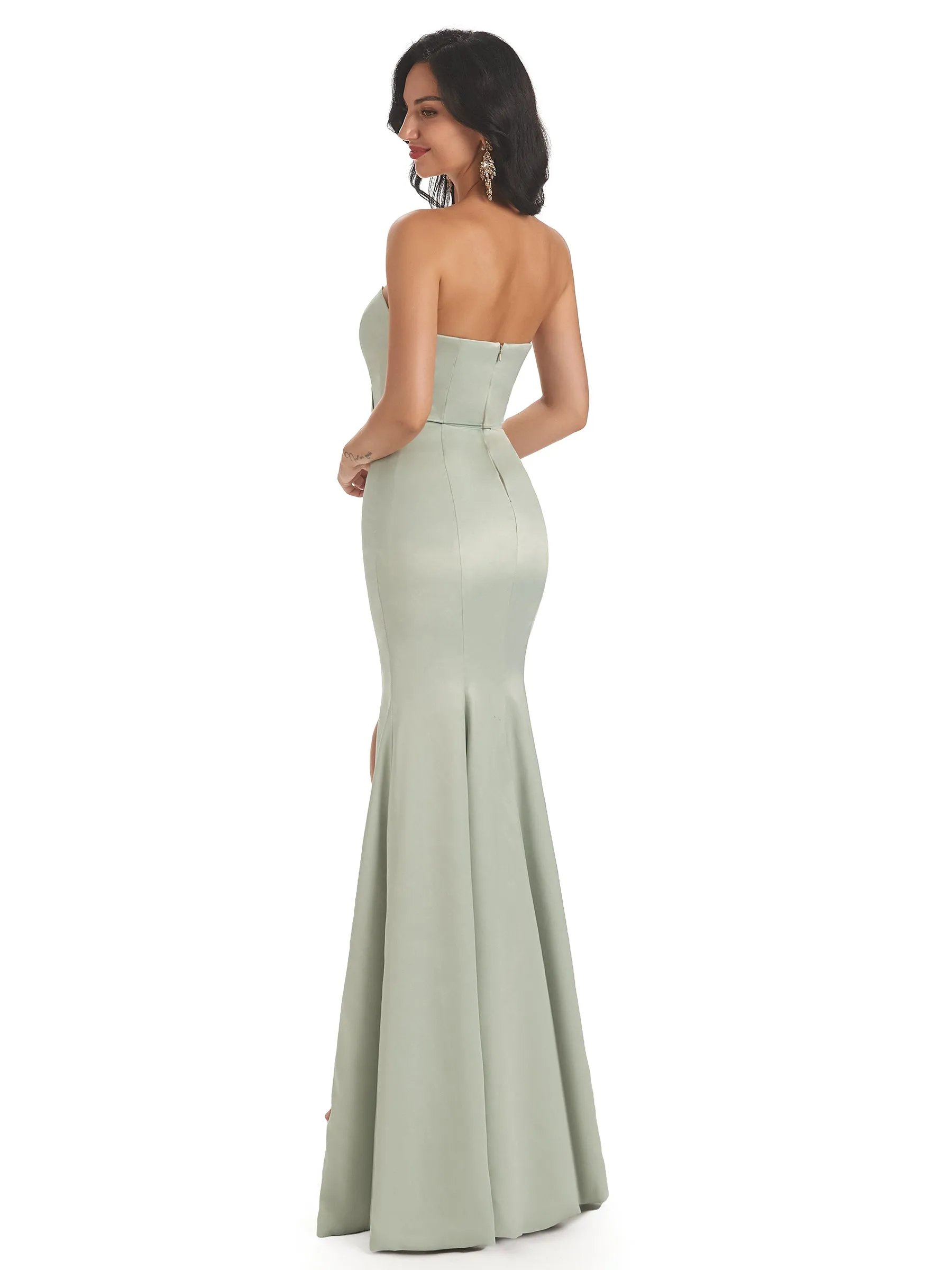 Simple Soft Satin Side Slit Sweetheart Long Mermaid Bridesmaid Dresses Online sold by ChicSew product image thumbnail 4