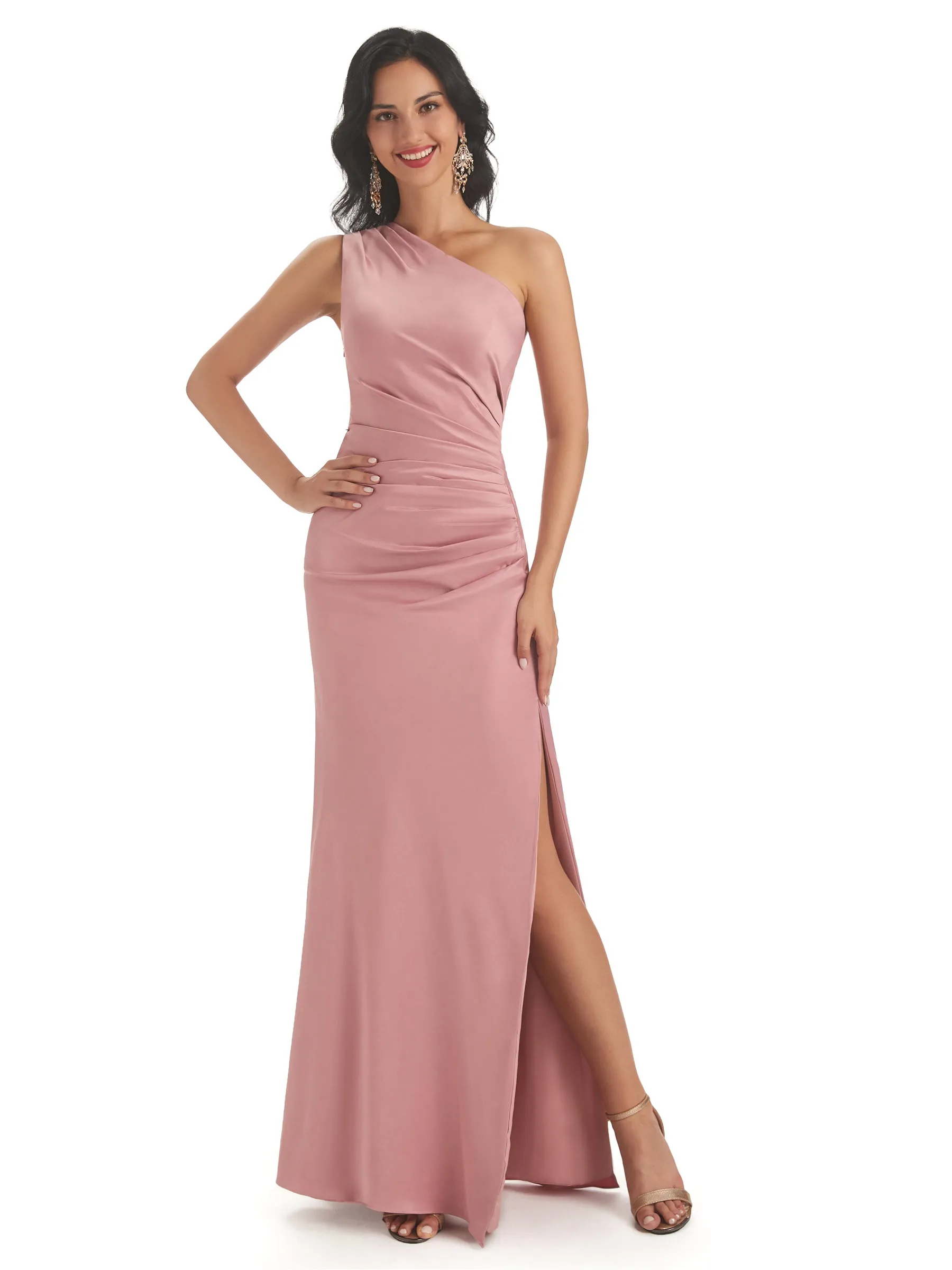 Sexy Side Slit One Shoulder Satin Mermaid Maxi Bridesmaid Dresses Gown sold by ChicSew product image thumbnail 2