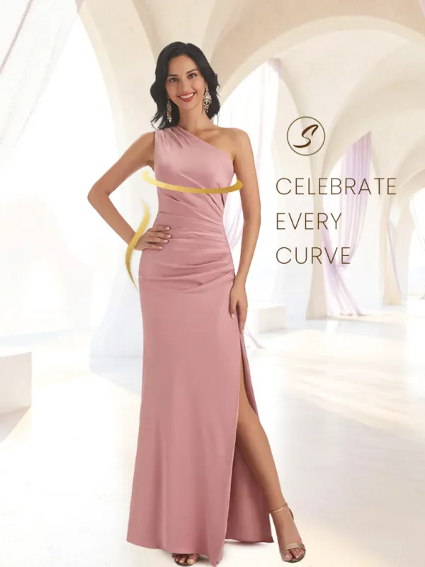 Sexy Side Slit One Shoulder Satin Mermaid Maxi Bridesmaid Dresses Gown sold by ChicSew