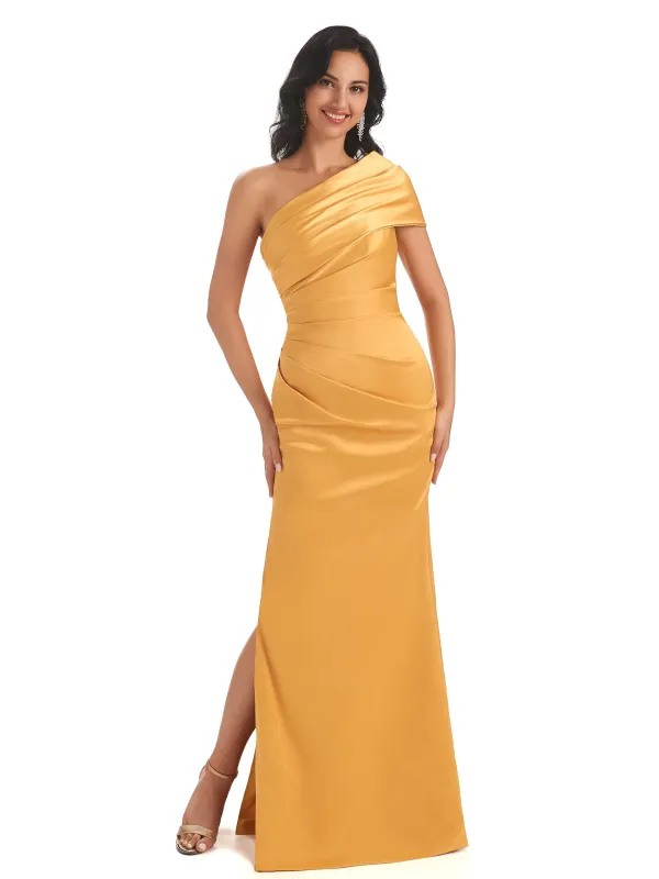 Sexy Soft Satin One Shoulder Long Side Slit Mermaid Bridesmaid Dresses Online sold by ChicSew