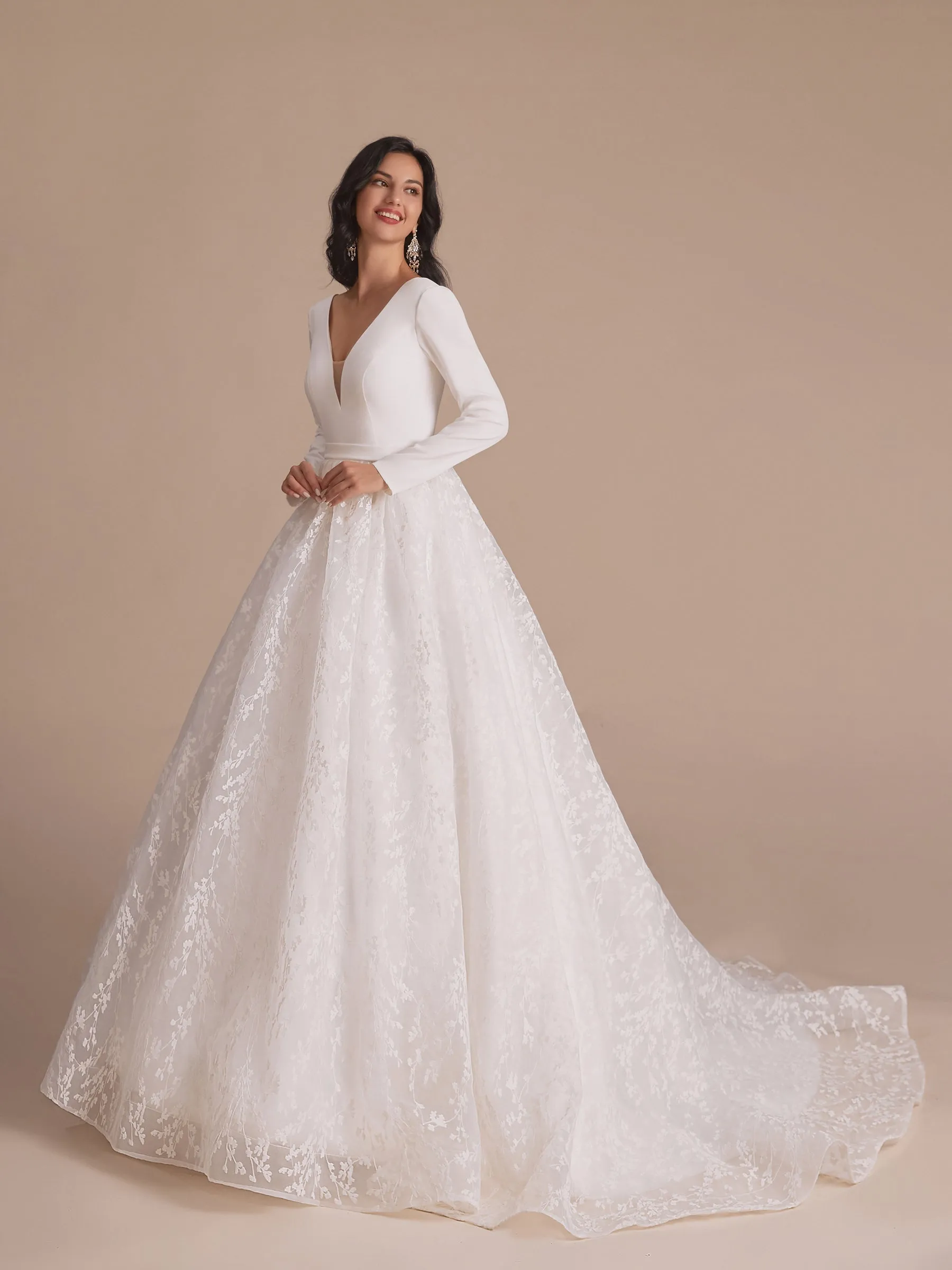 Long Sleeves V-neck A-line Backless Lace Wedding Dresses Online sold by ChicSew product image thumbnail 5