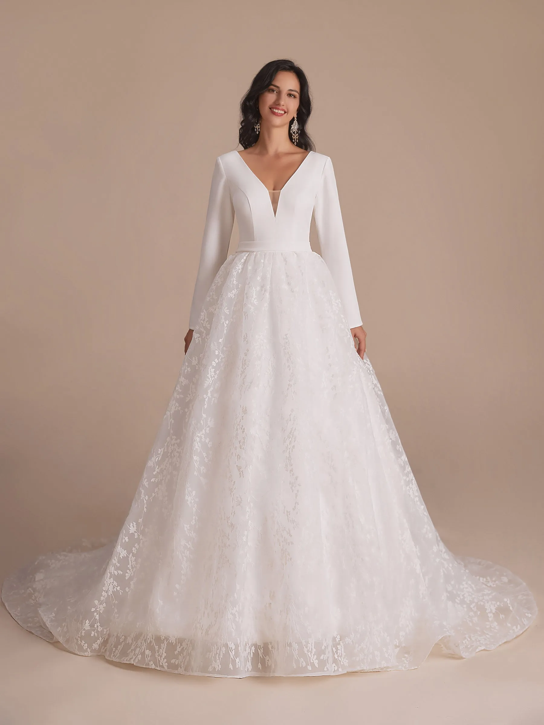 Long Sleeves V-neck A-line Backless Lace Wedding Dresses Online sold by ChicSew