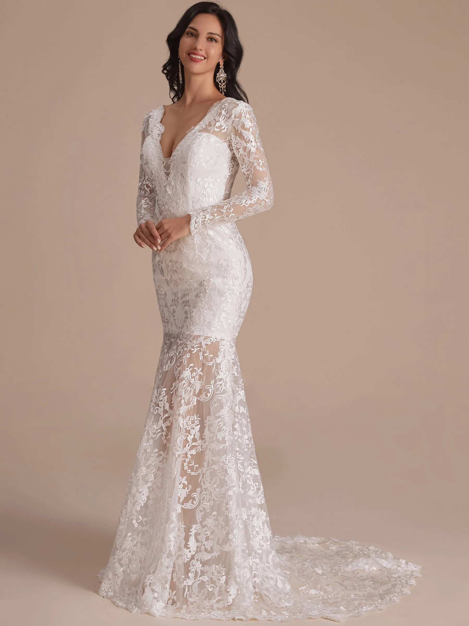 Long Sleeves V-neck Mermaid Backless Lace Wedding Dresses sold by ChicSew product image thumbnail 3