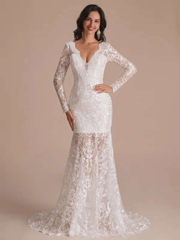 Long Sleeves V-neck Mermaid Backless Lace Wedding Dresses sold by ChicSew