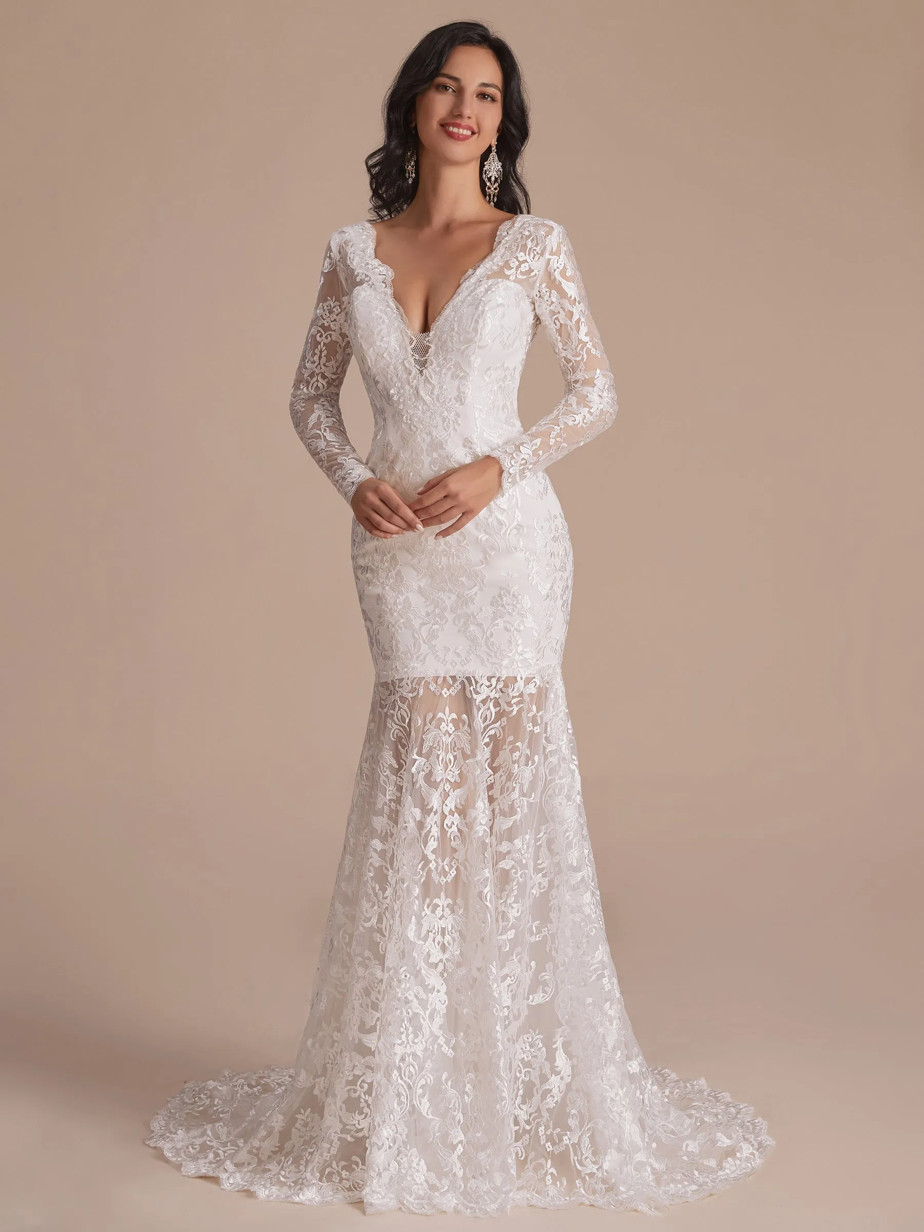 Long Sleeves V-neck Mermaid Backless Lace Wedding Dresses sold by ChicSew product image thumbnail 2
