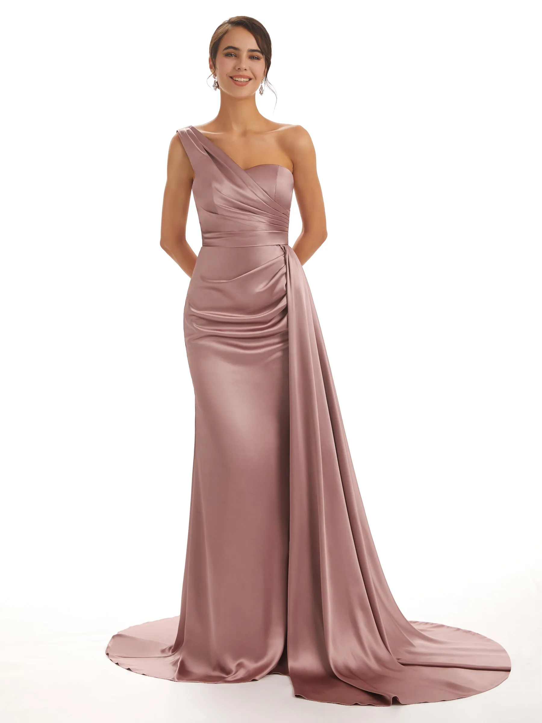 Elegant One Shoulder Soft Satin Unique Mermaid Long Bridesmaid Dresses Online sold by ChicSew product image thumbnail 2