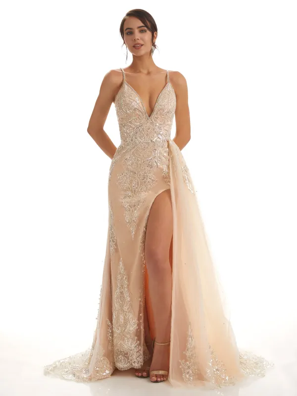 Spaghetti Straps Mermaid Champagne Side Slit Lace Wedding Dresses sold by ChicSew
