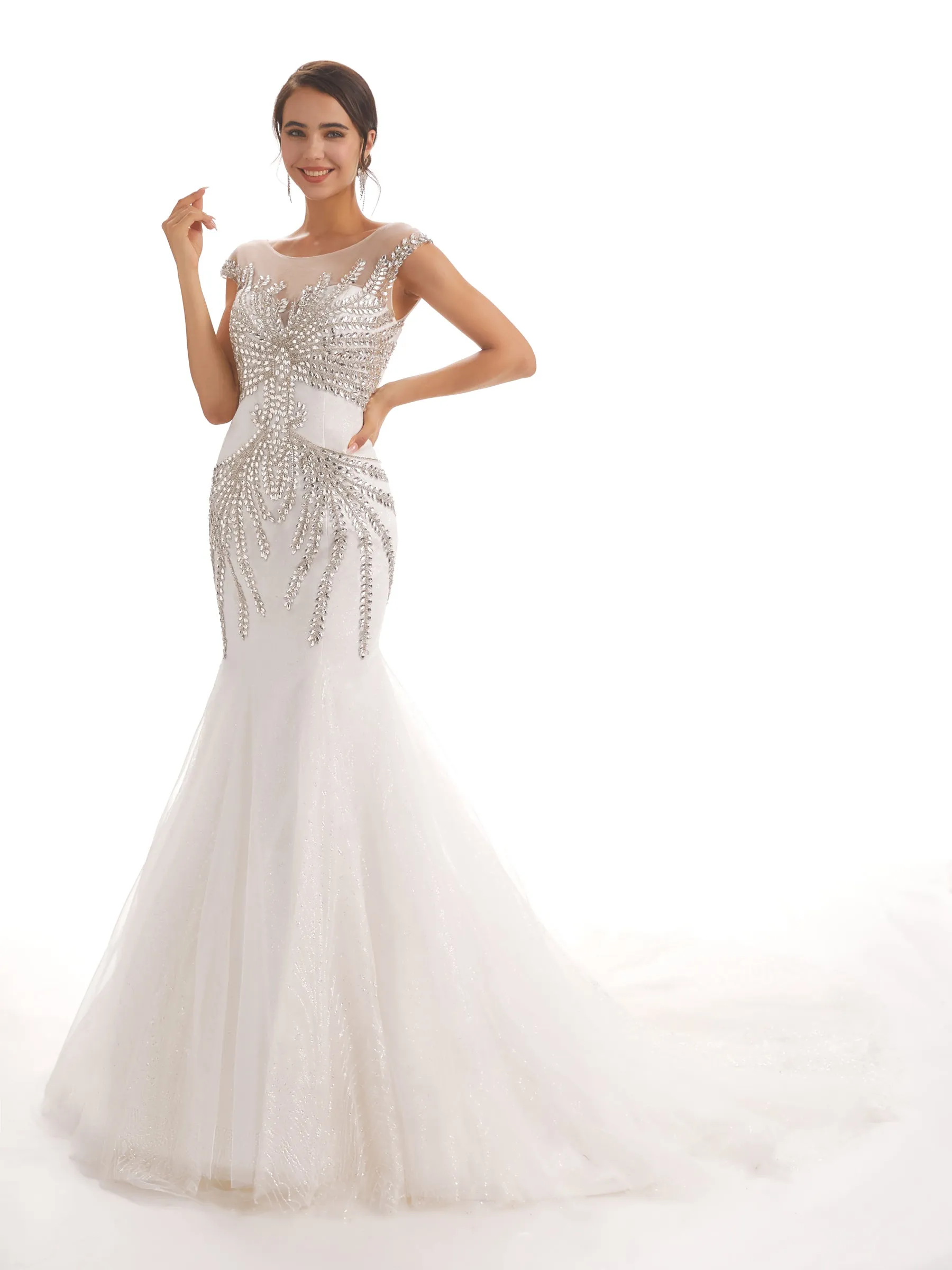 Cap Sleeves Scoop Long Mermaid Rhinestone Long Wedding Dresses sold by ChicSew product image thumbnail 4