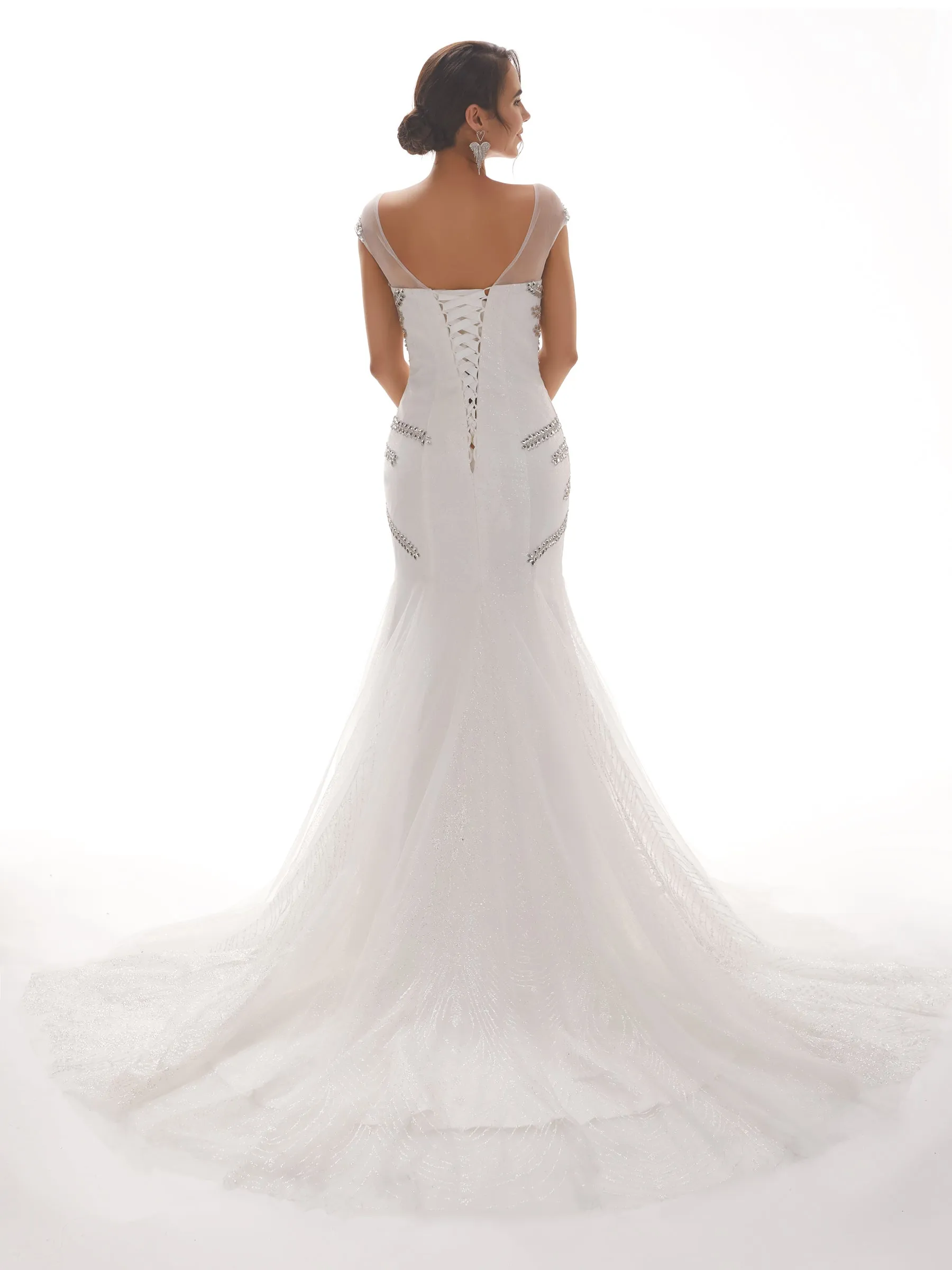 Cap Sleeves Scoop Long Mermaid Rhinestone Long Wedding Dresses sold by ChicSew product image thumbnail 3