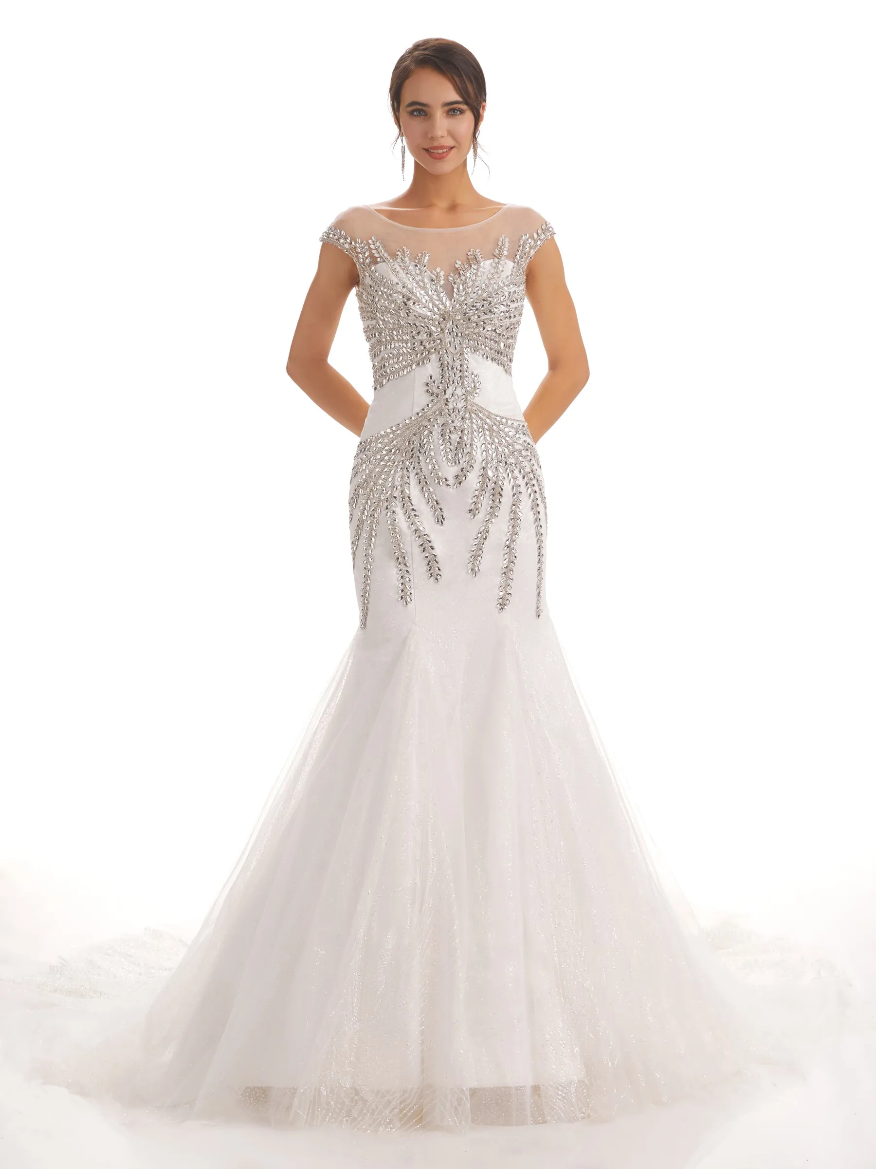 Cap Sleeves Scoop Long Mermaid Rhinestone Long Wedding Dresses sold by ChicSew