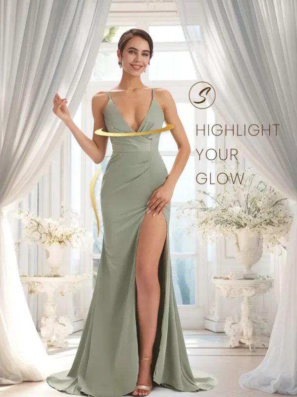 Sexy Soft Satin Side Slit Spaghetti Straps V-neck Long Mermaid Bridesmaid Dresses sold by ChicSew